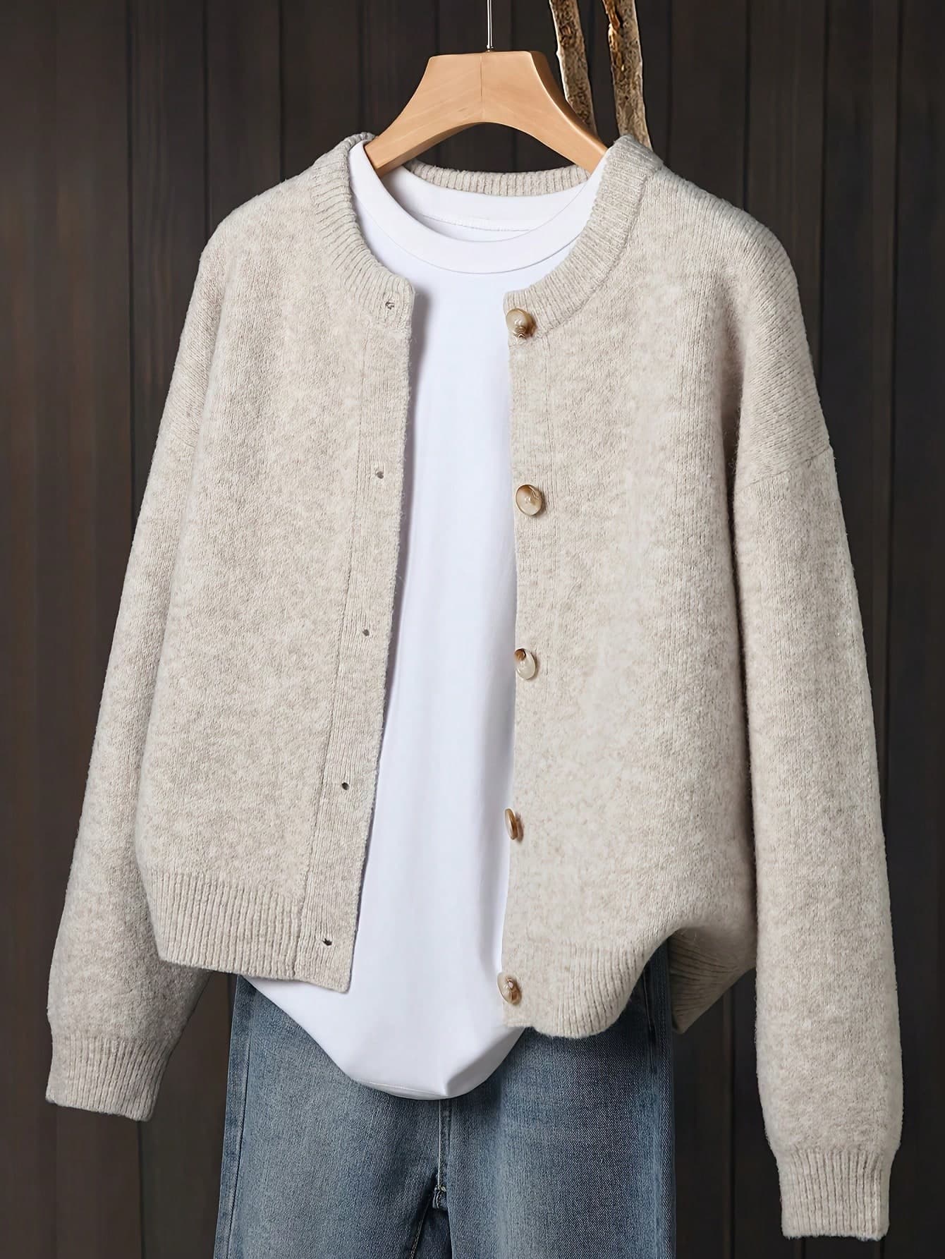 Plus Size Women's Beige Cardigan, Soft Long Sleeve Sweater Jacket With Front Button Design, Suitable For Casual And Formal Wear In Autumn/Winter, Comfortable Thick Outerwear, Fiber Material, Relaxed Fit, Stretchy Fabric, Women's Daily Wear