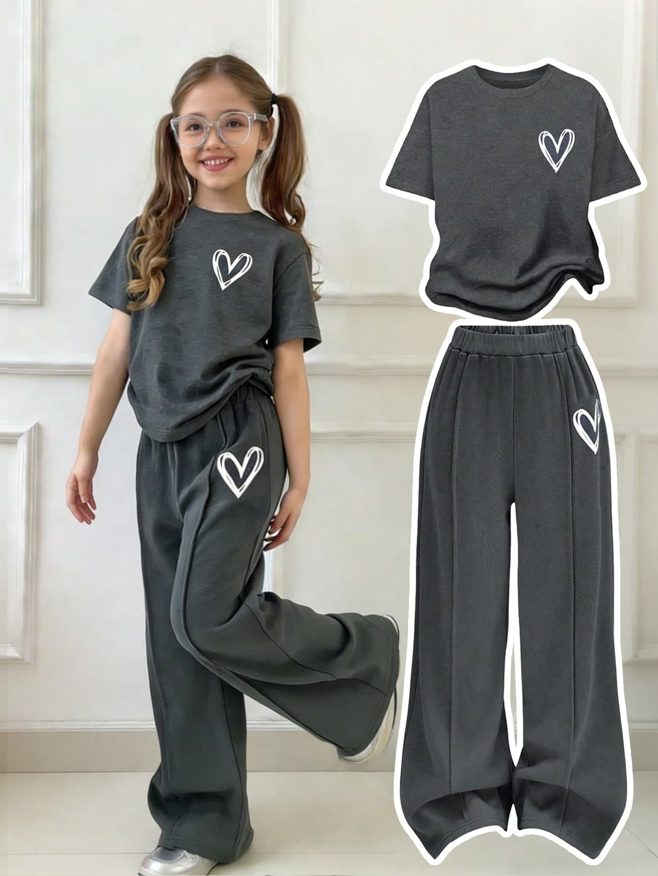 Tween Girls' Heart Print Short Sleeve T-Shirt And Pants Casual Outfit