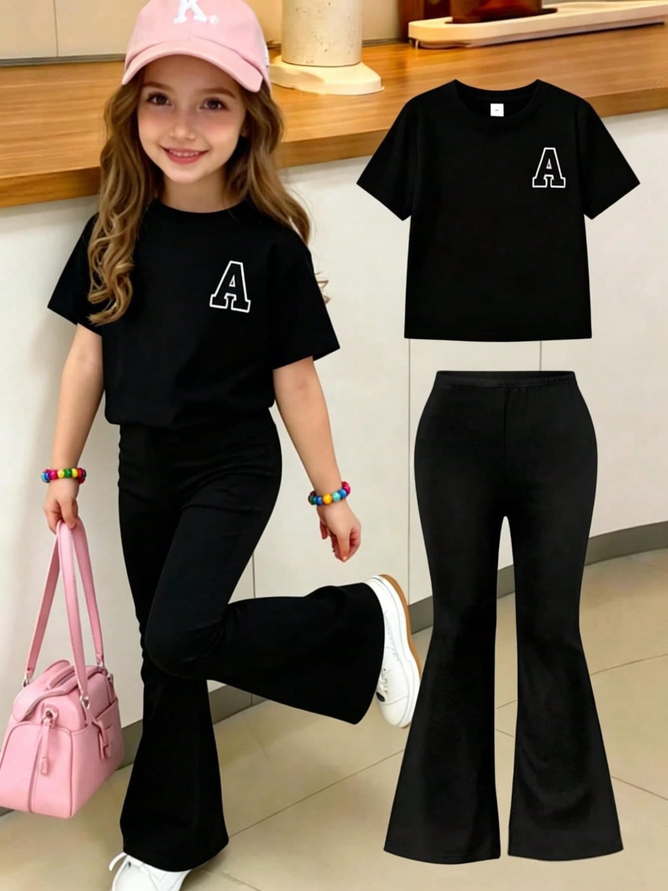 2pcs Tween Girl Letter A Print Short Sleeve T-Shirt And Flare Pants Set, Soft And Machine Washable, Spring/Summer
