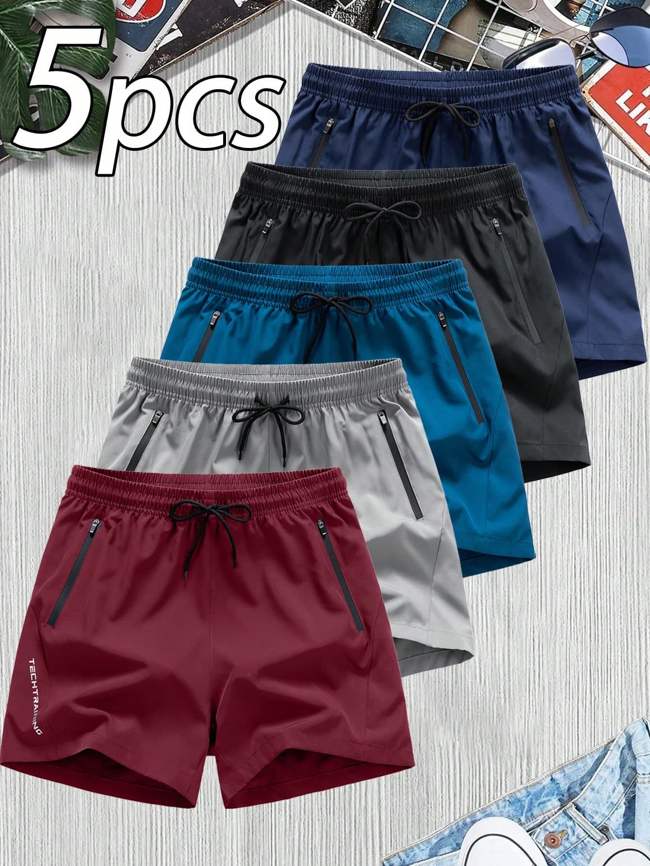 5pcs/Set Men's Summer Breathable Quick-Dry Sports Shorts, Casual Shorts