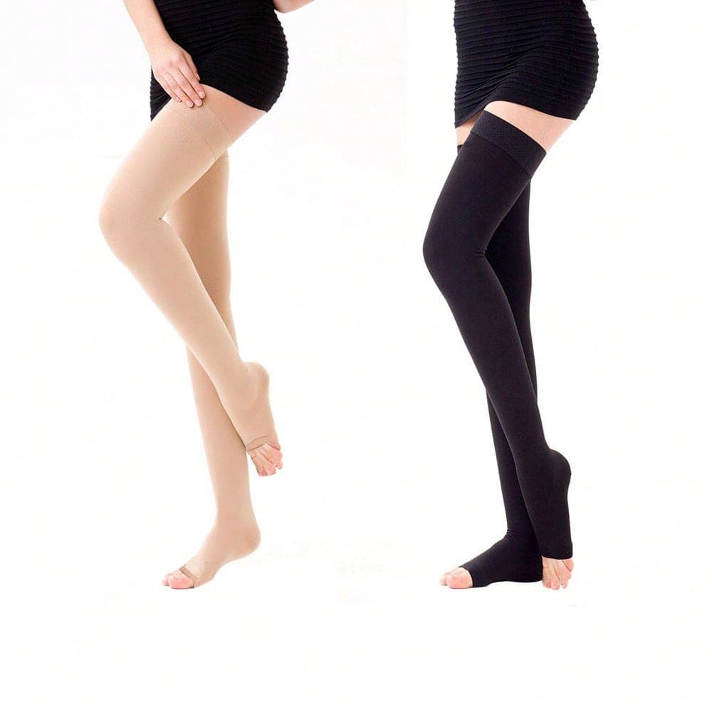 2 Pairs Unisex Thigh High Compression Socks, Toe Open, Varicose Vein Leg Support Stockings