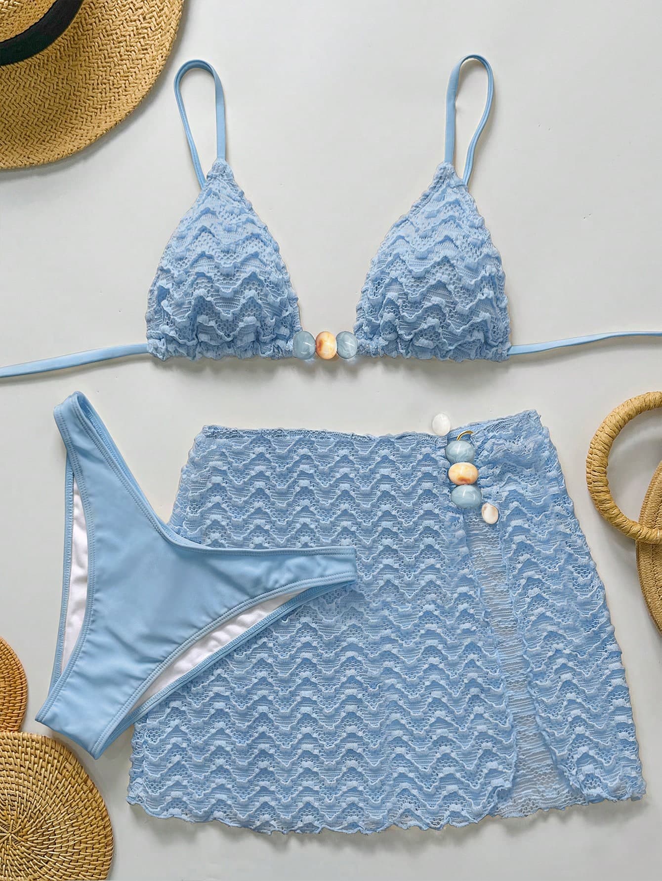 Bikinx 3pcs/Set Women Wavy Pattern Halter Bikini Swimwear With Pearl Decor Beach Dress Vacation Swimwear Set Summer