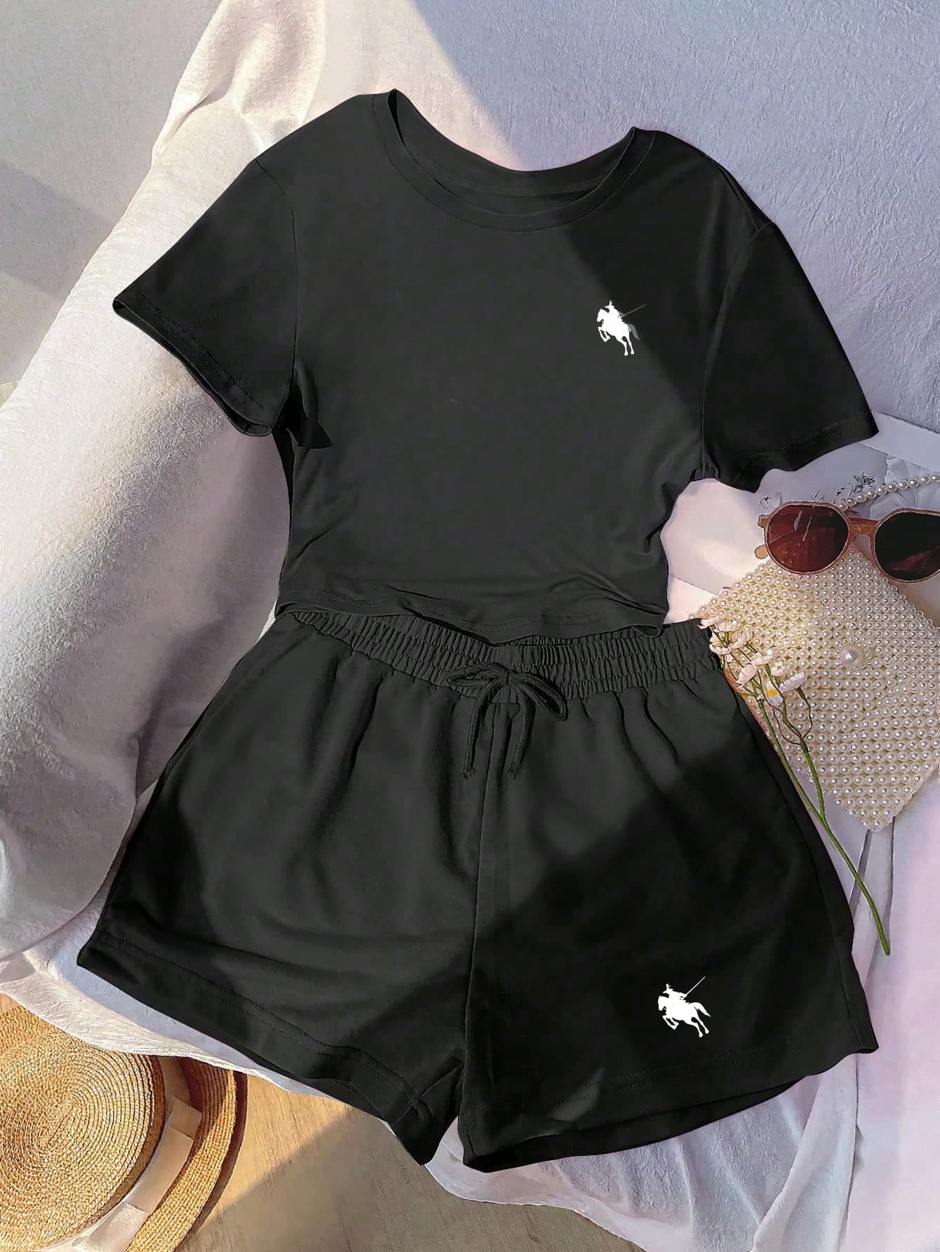 Youth Girl Cartoon Print Round Neck Short Sleeve T-Shirt And Shorts Set
