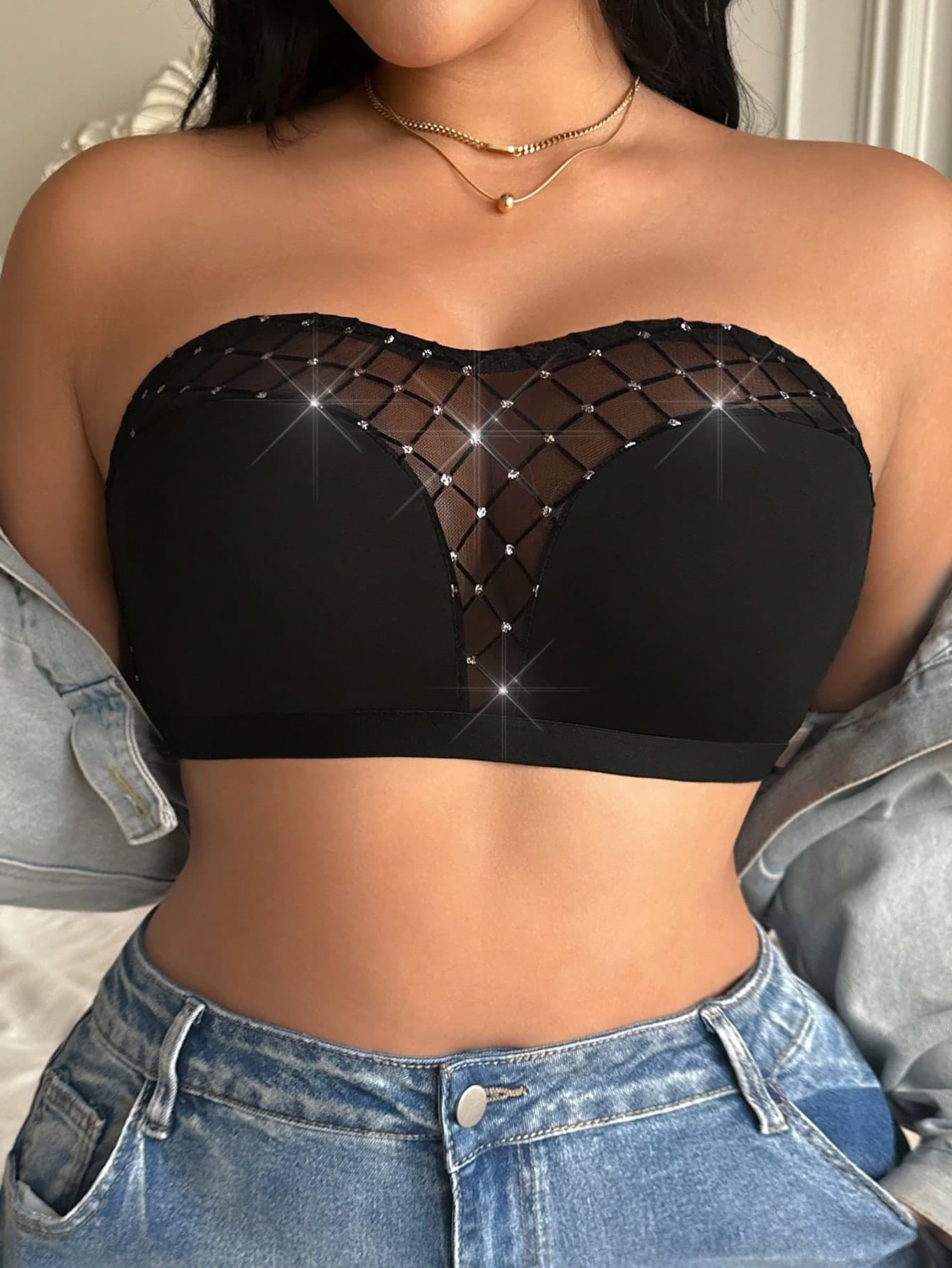 1pc Plus Size Women Strapless Camisole With Side Closure Design, Dotted Trim Decor, Anti-Slip Band, Suitable For Daily Wear And Layering, Quality, Women Lingerie