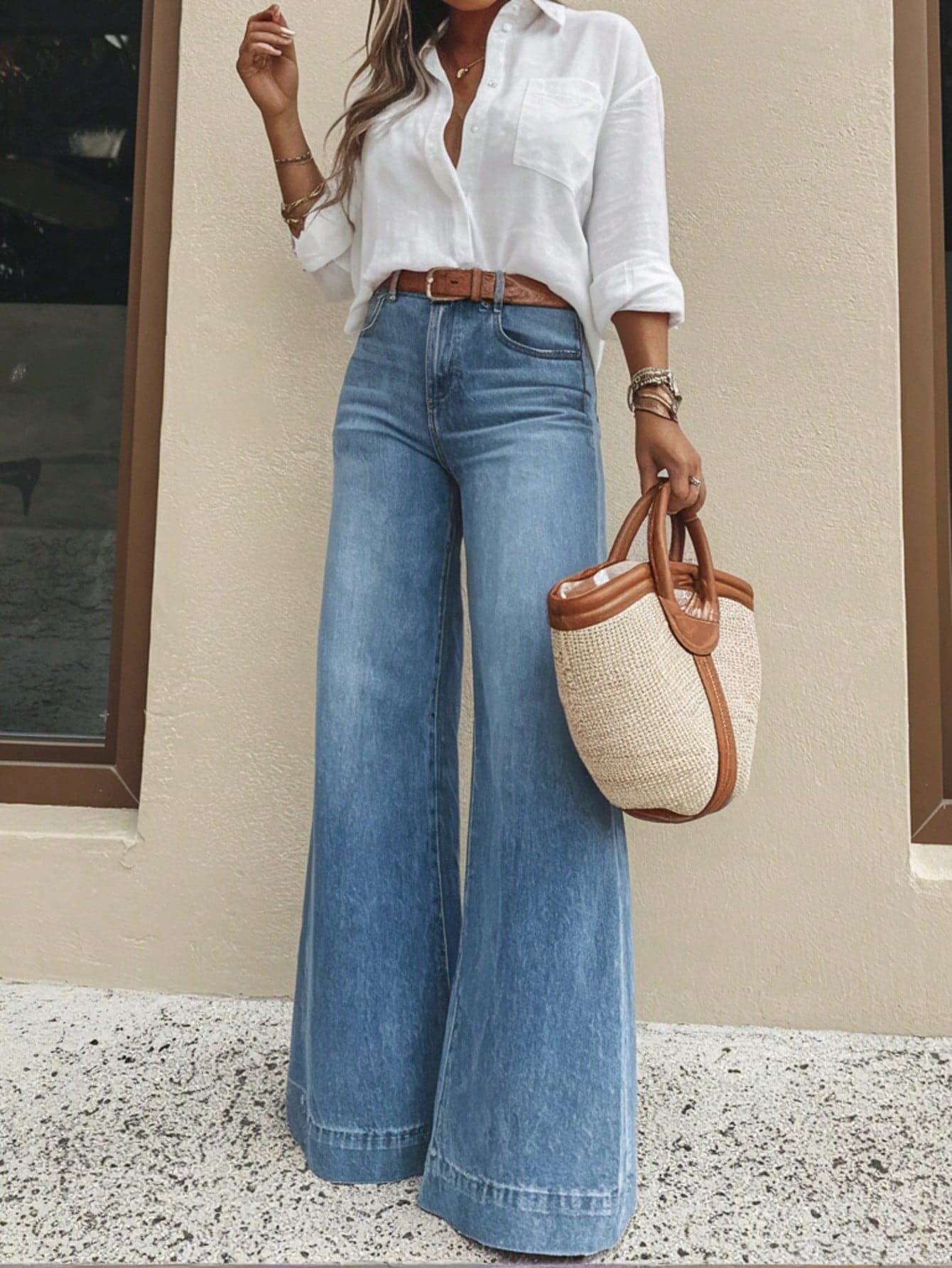 Women's Casual Wide Leg Jeans, Elegant & Fashionable Long Style, With Pockets, Medium Stretch Washed Fabric Spring