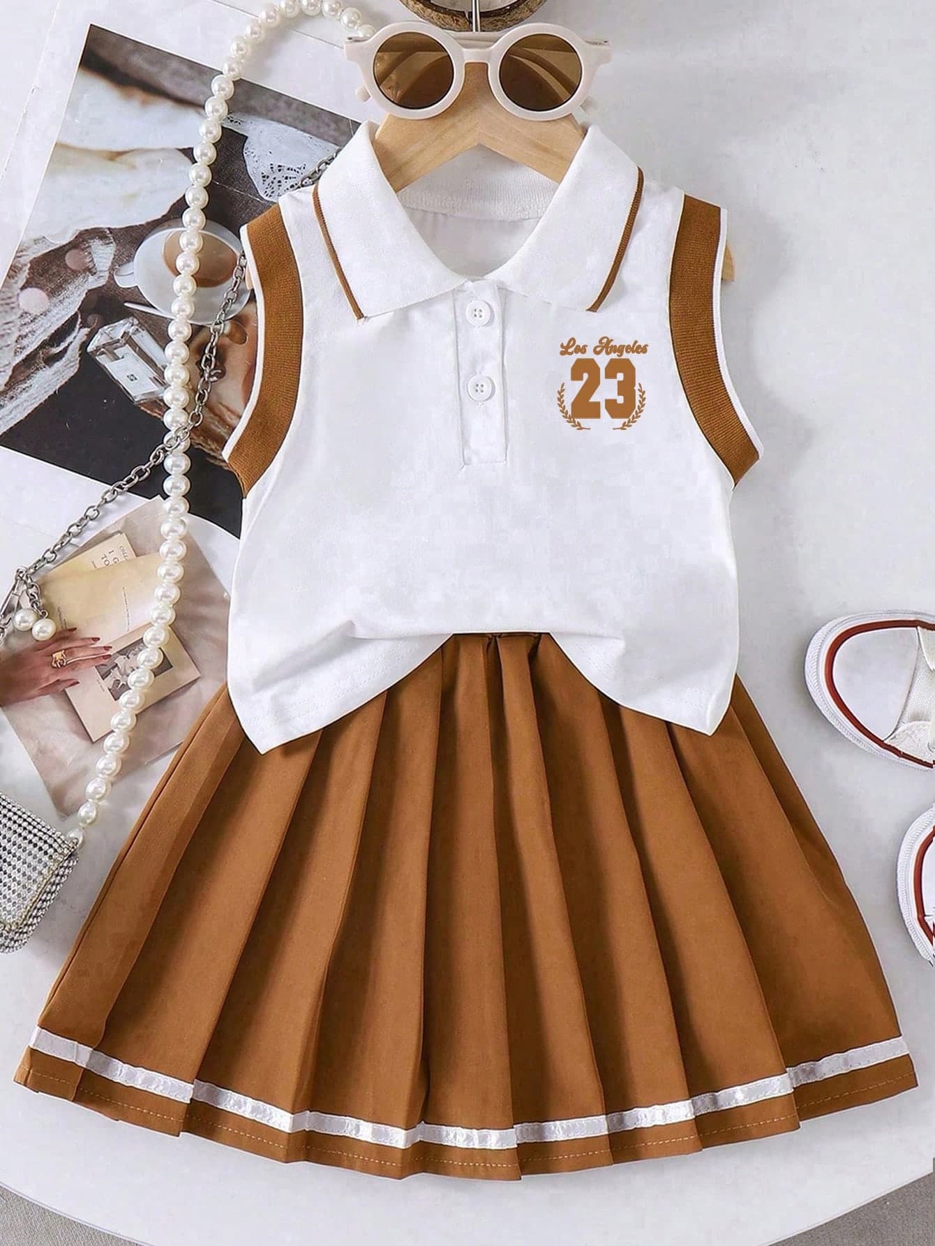 Toddler Girls' Cartoon Print Polo Neck Vest And Pleated Skirt Set