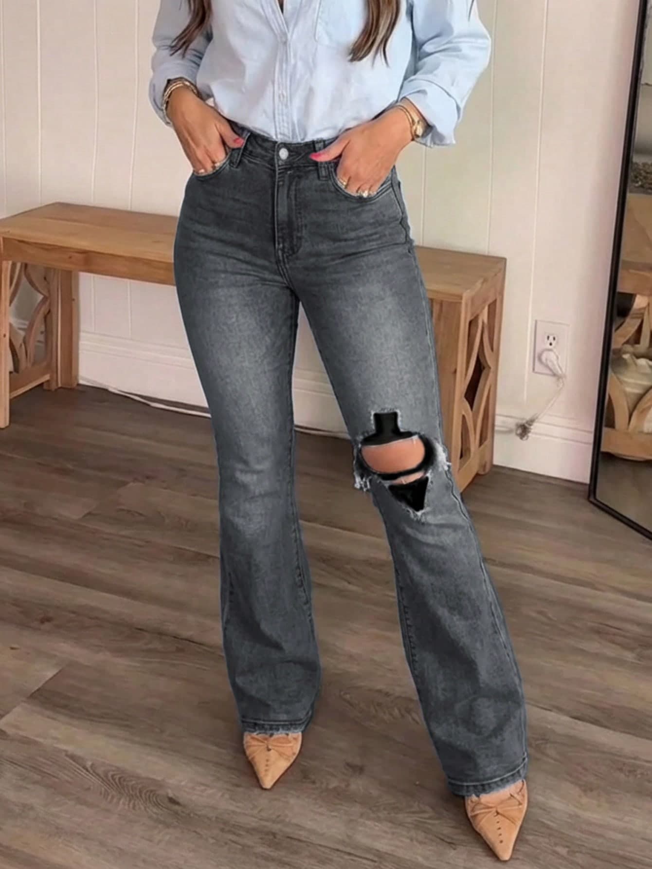 Women's Distressed Elastic Skinny Flare Jeans Casual