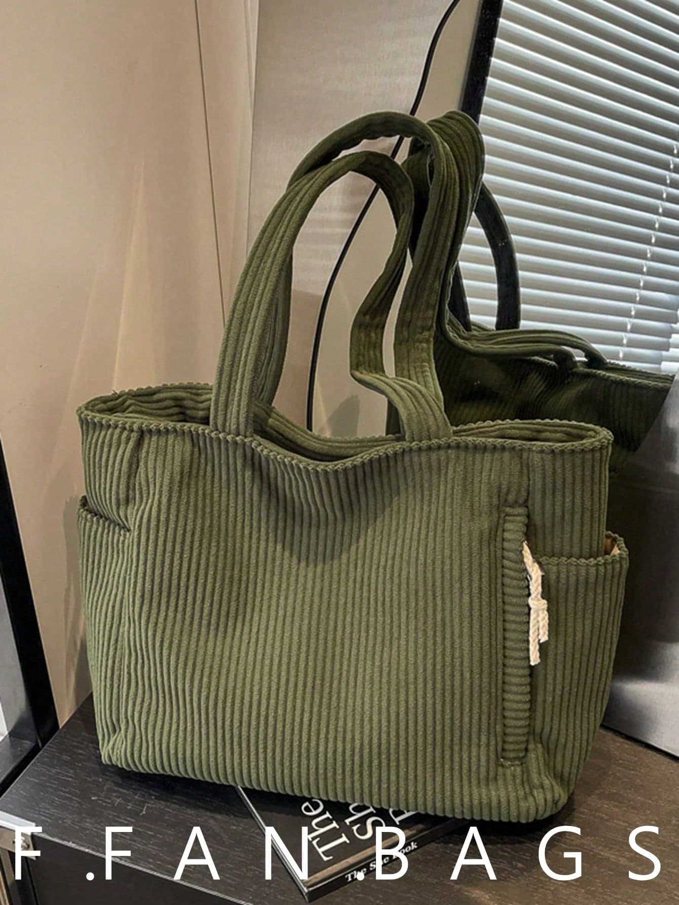 Corduroy Material Large Capacity Tote Bag, Can Be Used As Shoulder Bag, School Backpack, Also Suitable For College Use. Additionally, It Can Be Used As Beach Bag Or Gift For Teachers. This Tote Bag Has A Zipper, Perfect For Carrying Books. It Is A Large Tote Bag, An Essential Item For Travel.