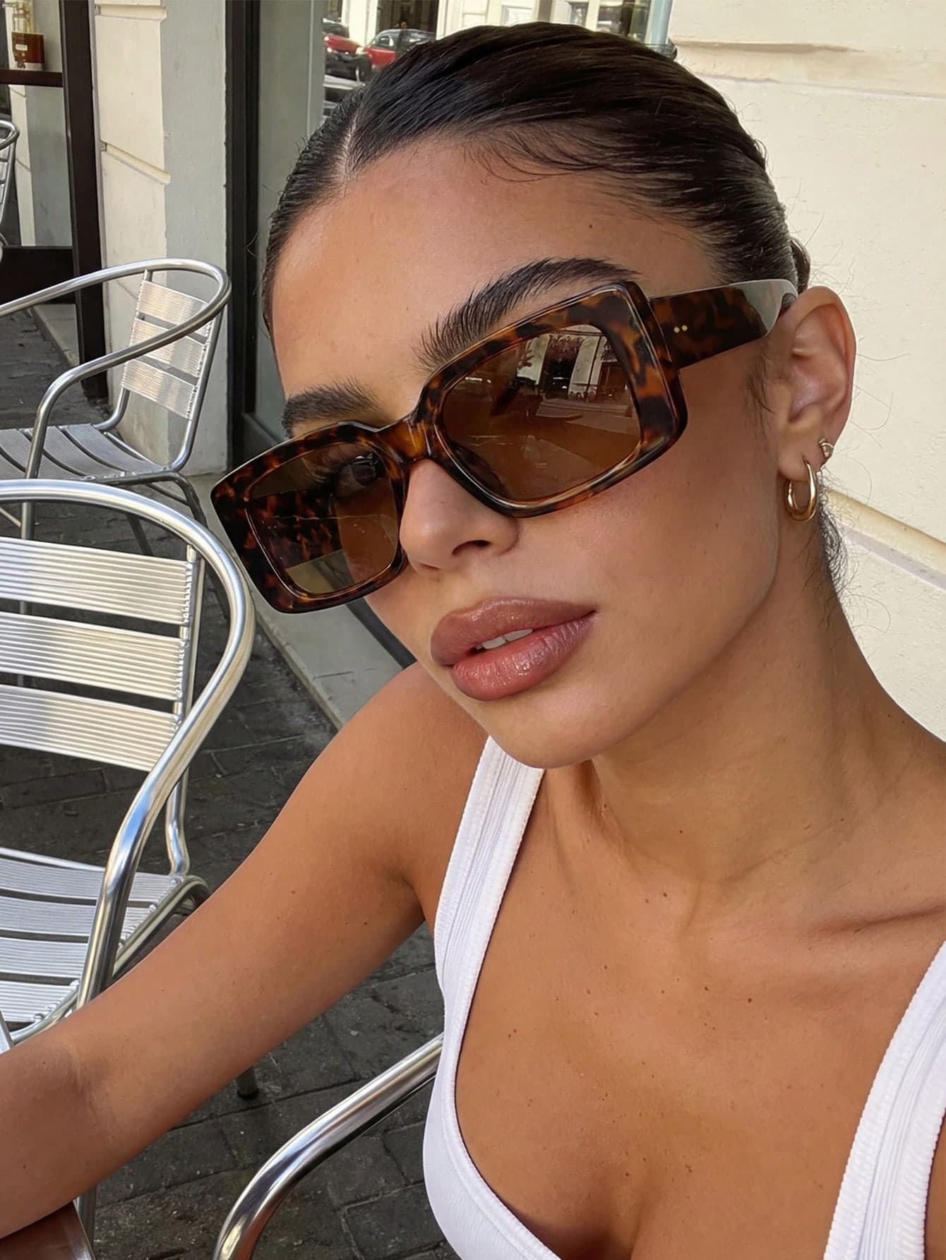 Leopard Print Rectangular Y2K Sunglasses, Plastic UV Protection Shades For Travel And Beach