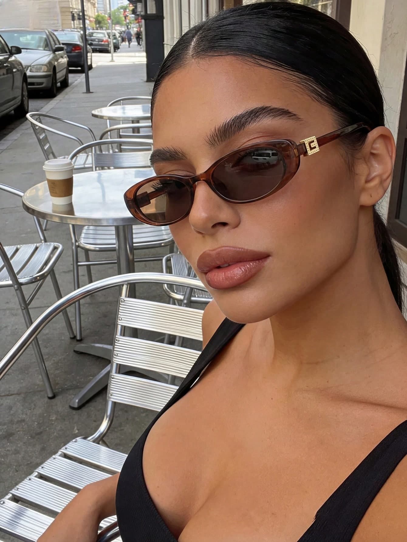 Retro Oval Narrow Frame Brown Fashion Glasses, Women's Classic Plastic Eyewear For Outdoor Travel Beach Vacation Casual Wear, Summer Shades, Unisex