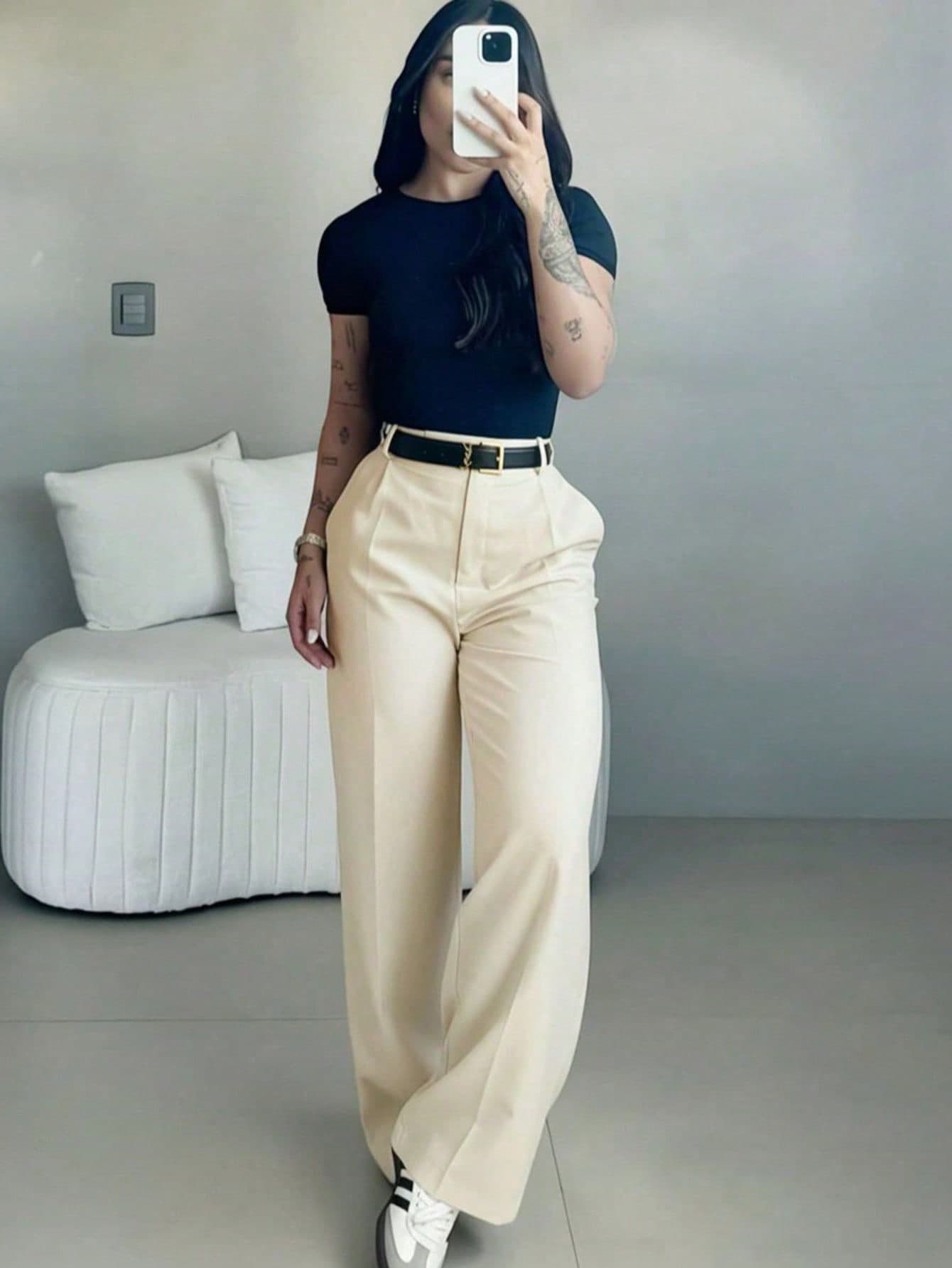 Women's High-Waisted Slim Fit Wide Leg Pants, Bohemian Street Style, Suitable For Casual, Work Commute And Vacation In Spring/Summer