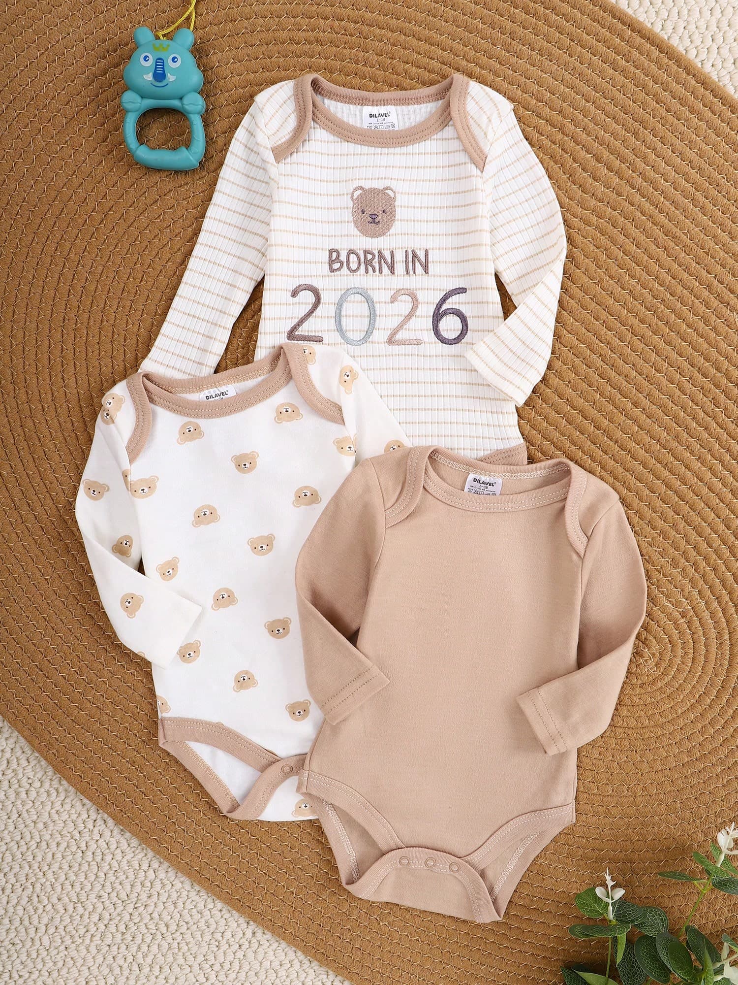 DILAVEL 3pcs Newborn Autumn/Winter Long Sleeve Romper Set, Featuring Floral Embroidery And Leopard Print Pattern, Suitable For Outdoor Wear