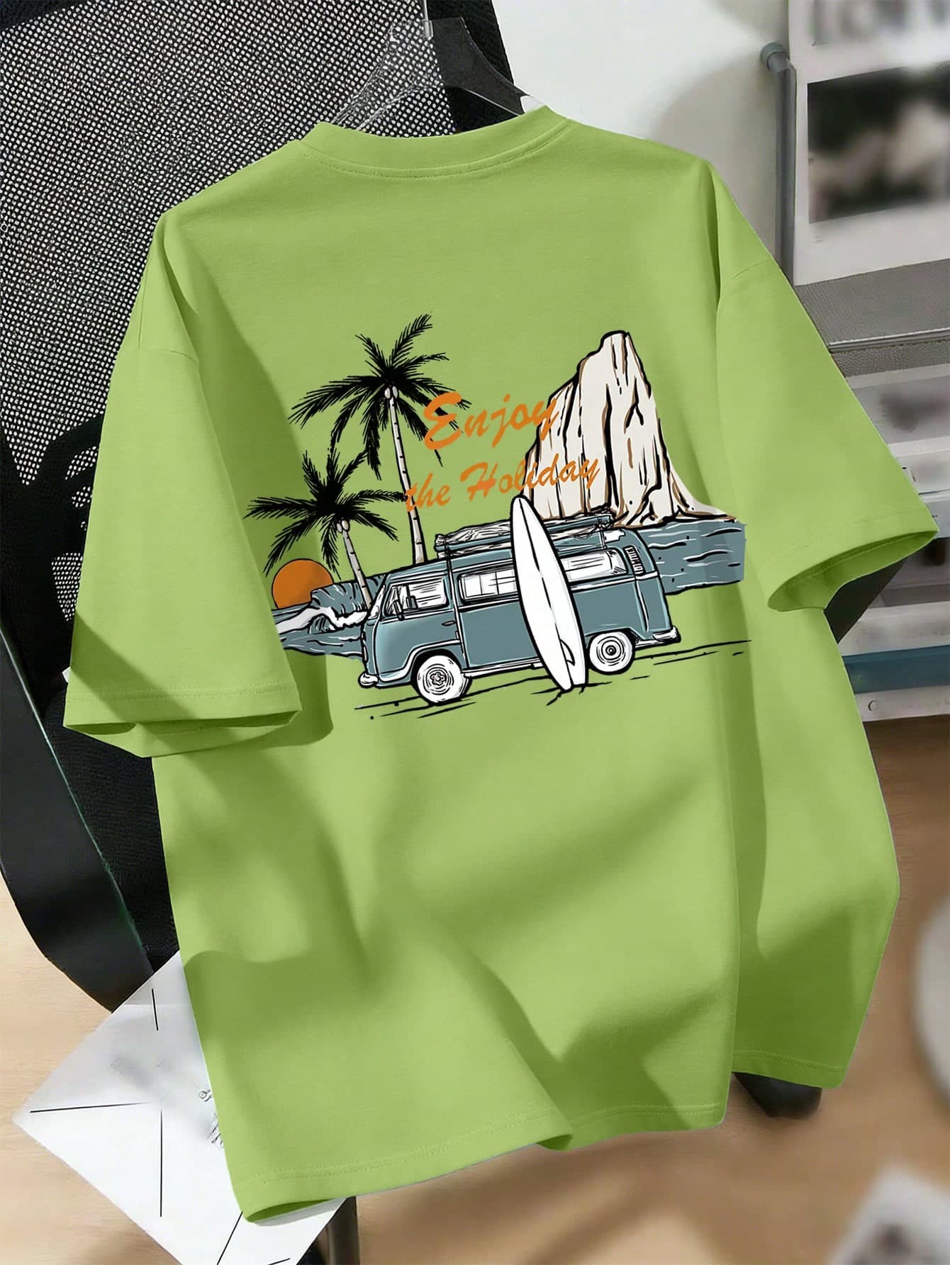 Teenage Boys' Beach Print Round Neck T-Shirt, Soft Casual Tee For Spring/Summer, Suitable For School, Vacation And Shopping