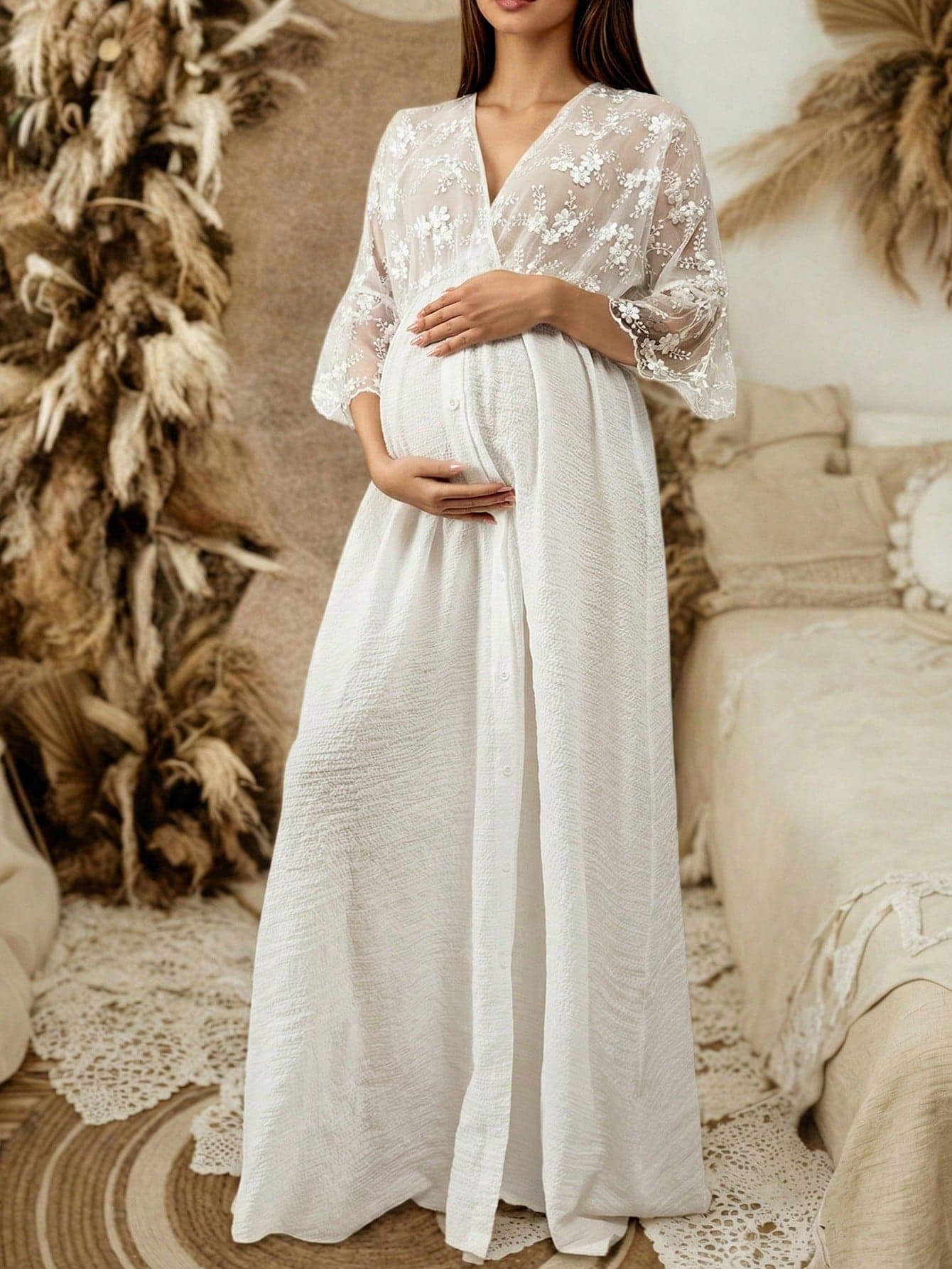 Maternity V-Neck 3/4 Sleeve Semi-Sheer Knit Dress, Home And Formal Occasions White