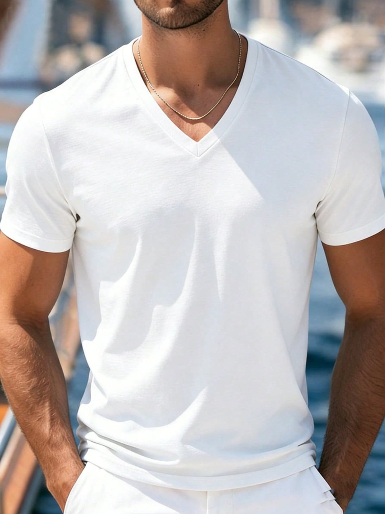 Men's Casual Solid Color V-Neck Short Sleeve T-Shirt, Versatile For Summer