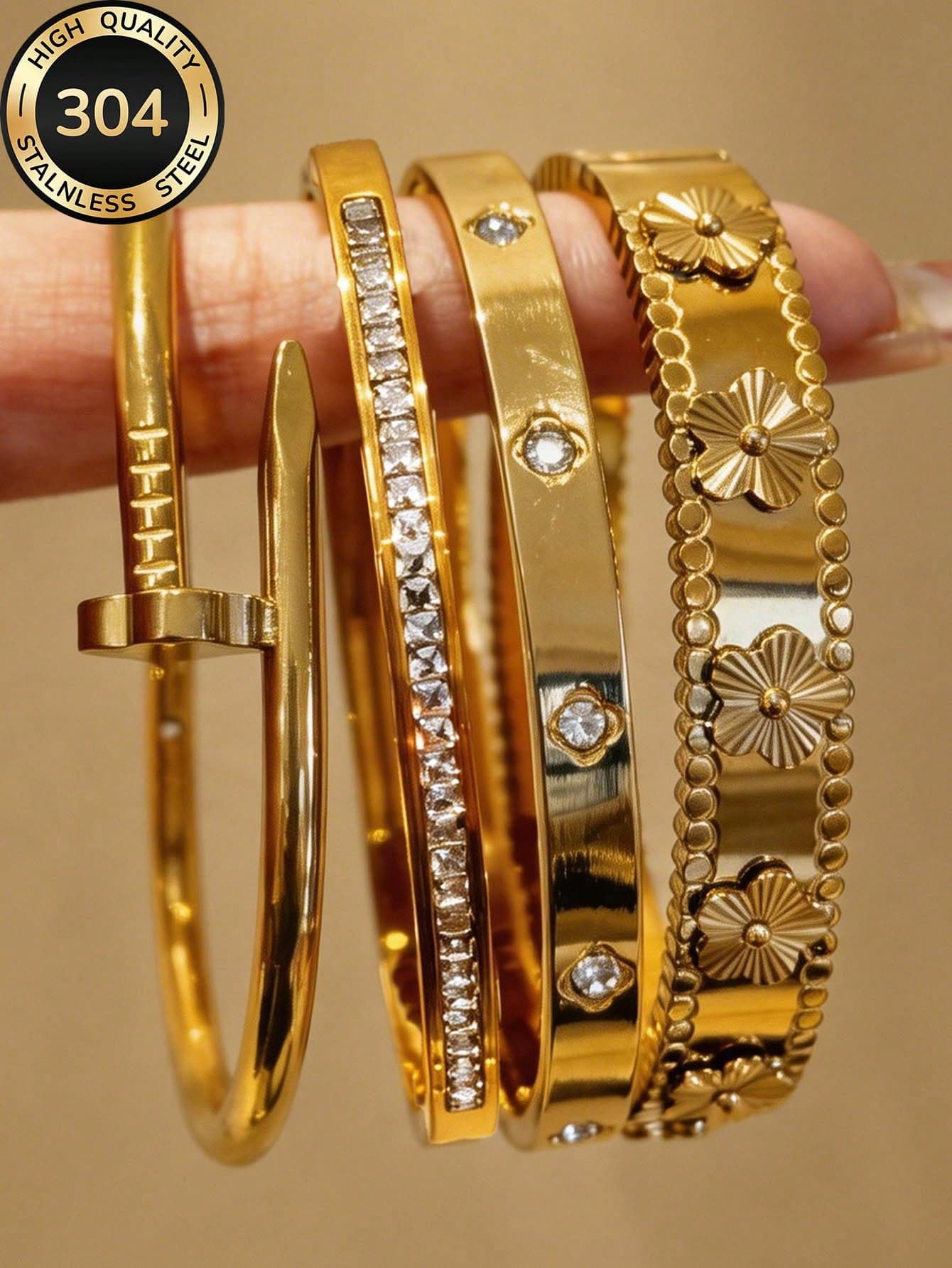 Znice 18K Gold Plated Stainless Steel Women's Fashion Stainless Steel Bracelet, Layered Floral Design Bracelet, Cubic Zirconia Embellished Bracelet, Waterproof And Fade-Resistant, Suitable For Daily Wear, Parties, Gifts For Friends And Family, Valentine's Day, Christmas
