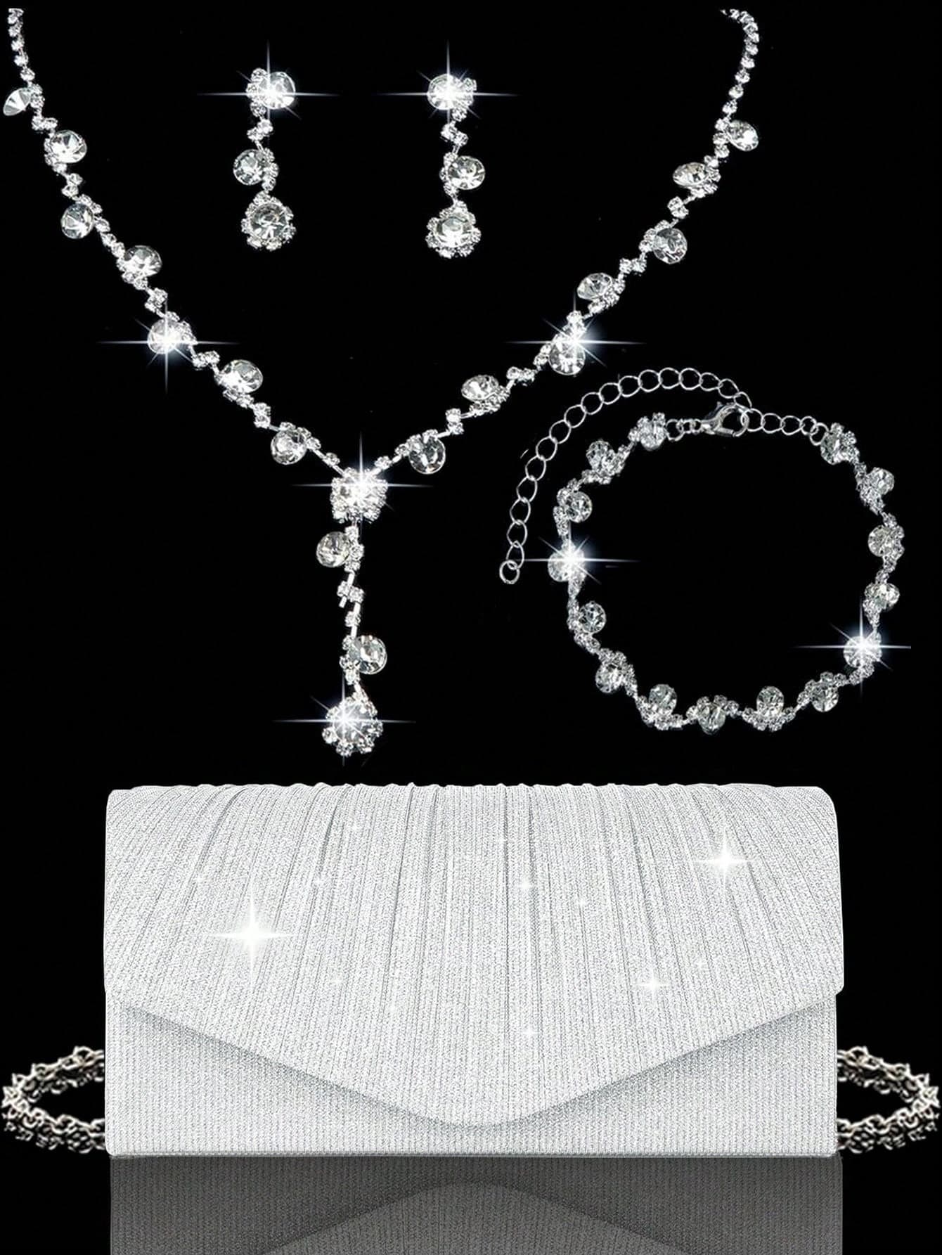 Elegant Women's Evening Clutch, Sparkling Rhinestone Pleated Handbag With V-Shaped Flap Envelope Design, Comes With Sparkling Rhinestone Jewelry, Shiny Clutch, Perfect For Parties, Weddings, Proms, Evening Dinners, Wedding Dresses, Formal Occasions, Prom Dresses, Birthday Dresses