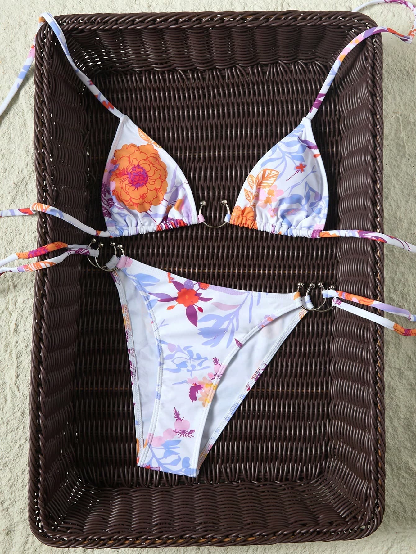 Floral Print Colorful Casual Beach Party Bikini 2-Piece Swimwear, Backless Tie-Back Beach Vacation Summer