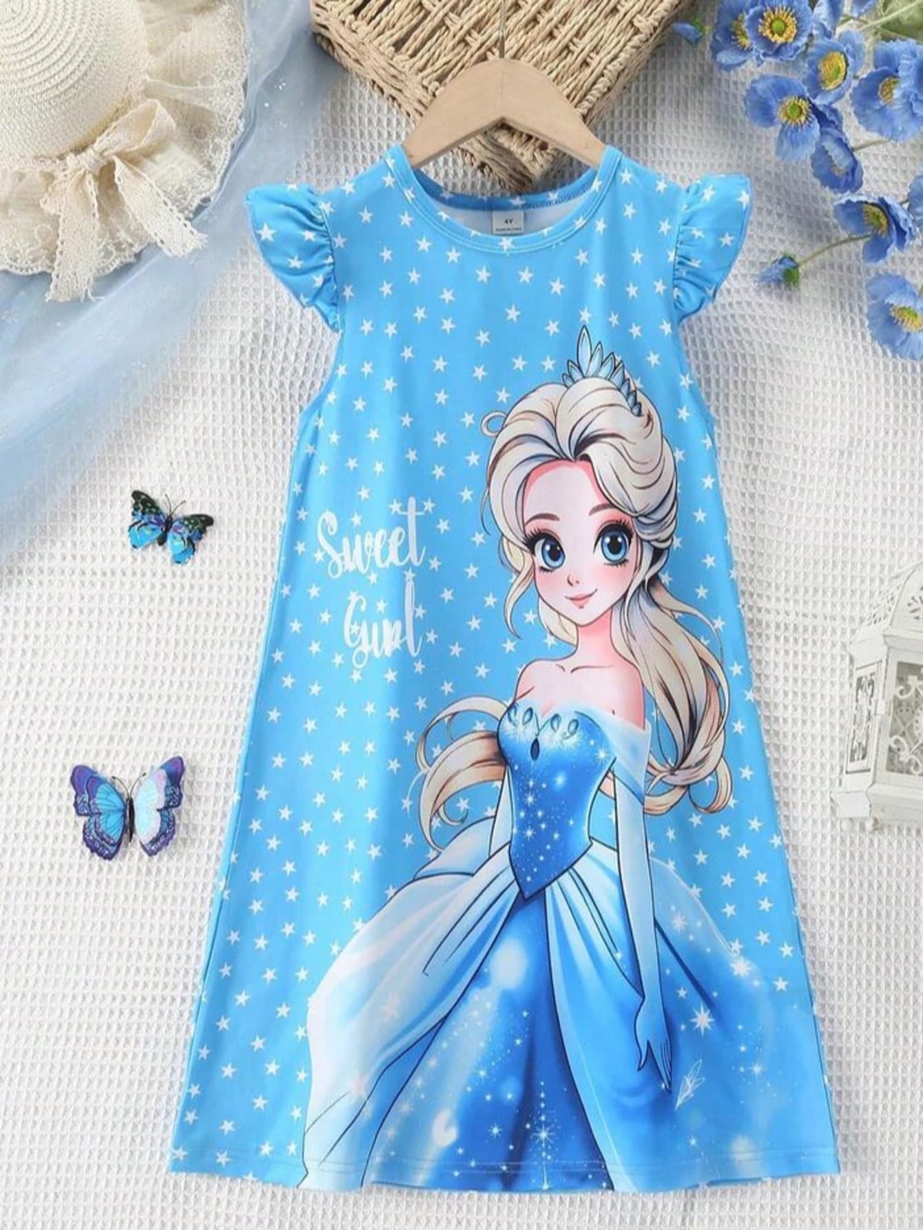 1pc Girls Frozen Princess Print Soft Knit Round Neck Ruffle Sleeve Dress, Best Gift For Young GirlOn Holidays