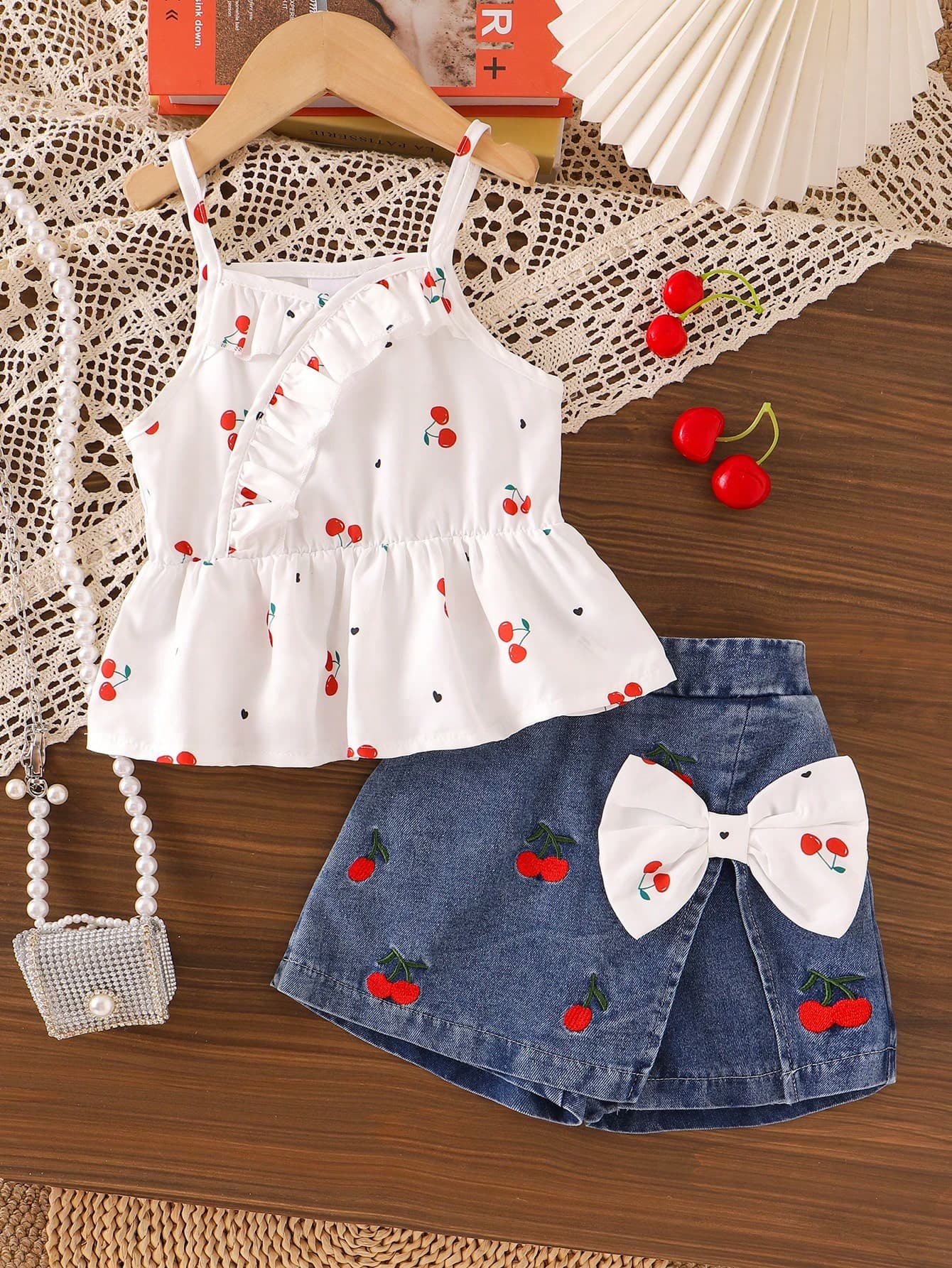 2pcs Young Girls Cute Casual Cherry Camisole Top & Embroidered Denim Skirt Set, Summer Vacation Style