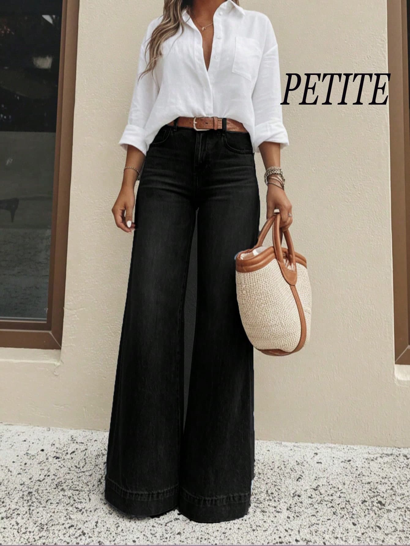 Petite Women's Elastic Micro Trumpet Mid High Waist Denim Pants Casual