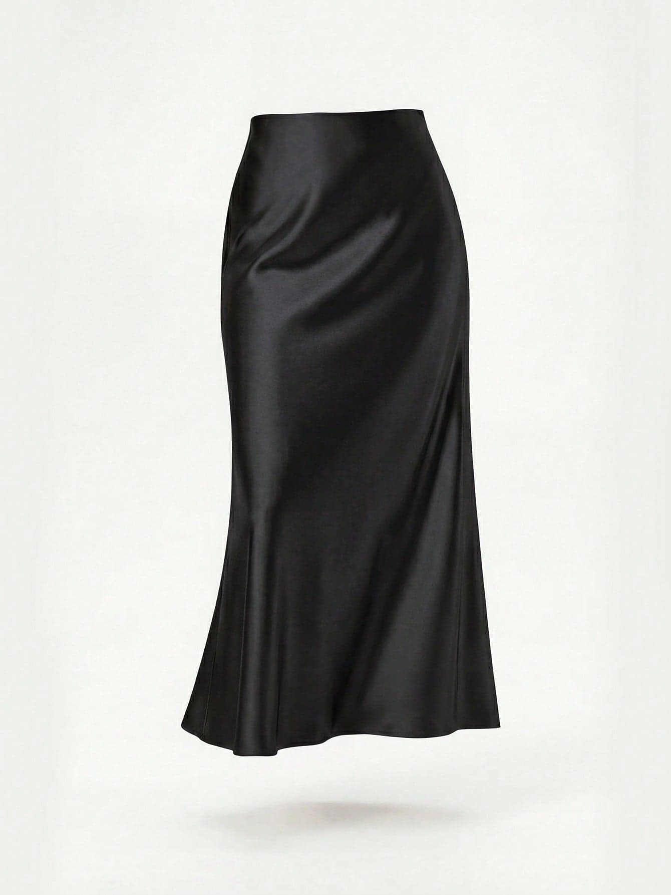 YROOE Women's Fashion All-Season Satin Elastic Waist Maxi Skirt Spring Black