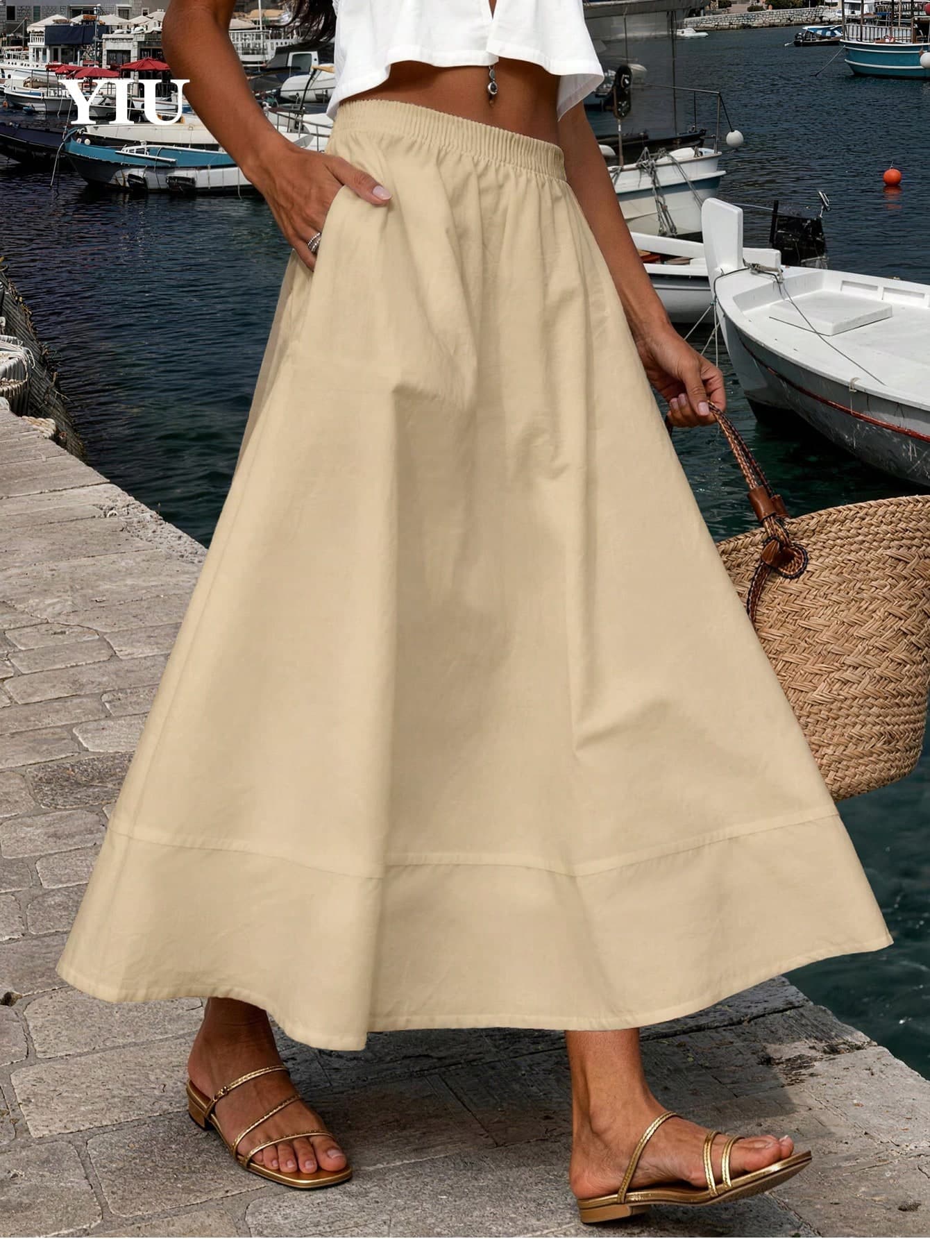 YIU Women's Khaki Umbrella-Shaped Minimalist Elegant Long Dress, With Pockets, Suitable For Daily Casual, Vacation, Office, Travel, Dating Wear