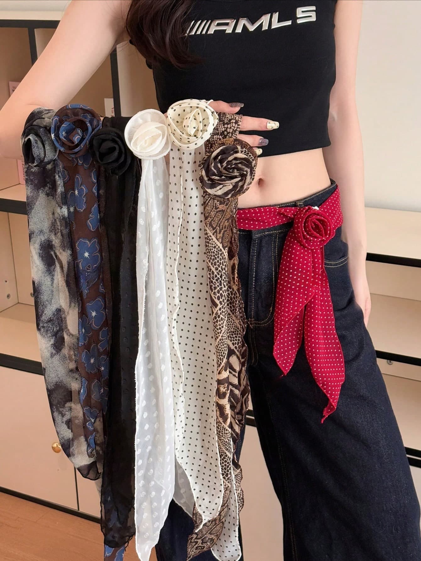 1pc Y2K Leopard Print Polka Dot Rose Flower Silk Scarf Women's Thin Long Strip Waist Belt Waist Chain Neck Tie Scarf Ribbon Accessory