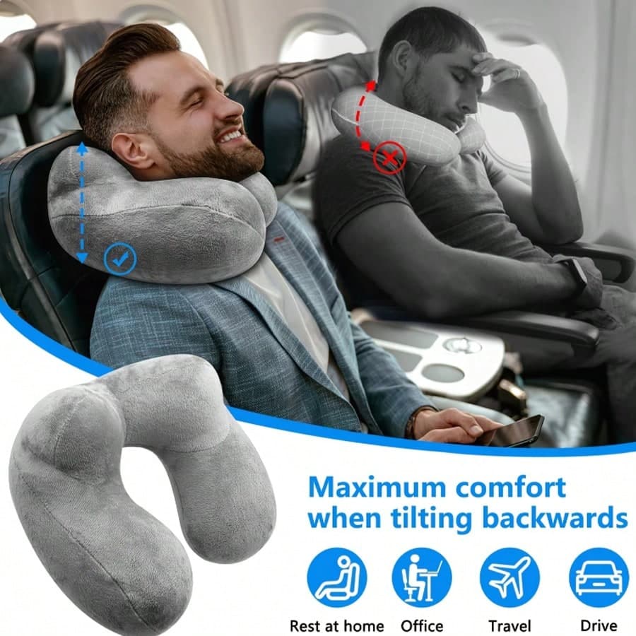 Ergonomic Inflatable Travel Pillow, With Earplugs, Soft Velvet Neck Support, Machine Washable, All-Season, Space Theme, Casual Style, Quick Buckle Design, Foam Filling, PVC Shell, Suitable For Airplane, Car, Office, Camping - Multifunctional Sleep Pillow