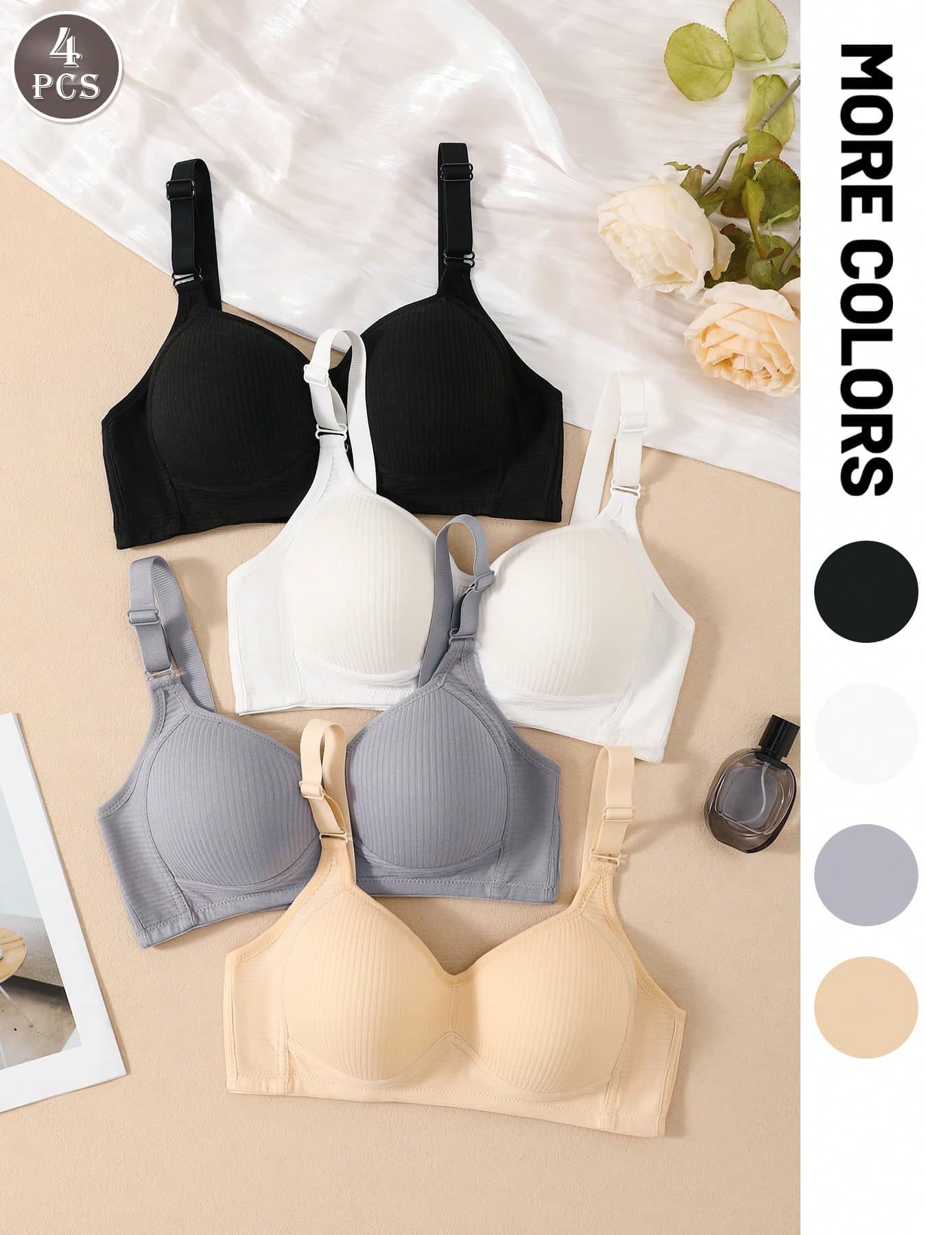 4pcs Solid Color Striped Bras With 3D Molded Cup Design, Supportive Underwire-Free, 3-Hook Adjustable Comfortable Shoulder Straps, Minimalist Elegant Women's Lingerie