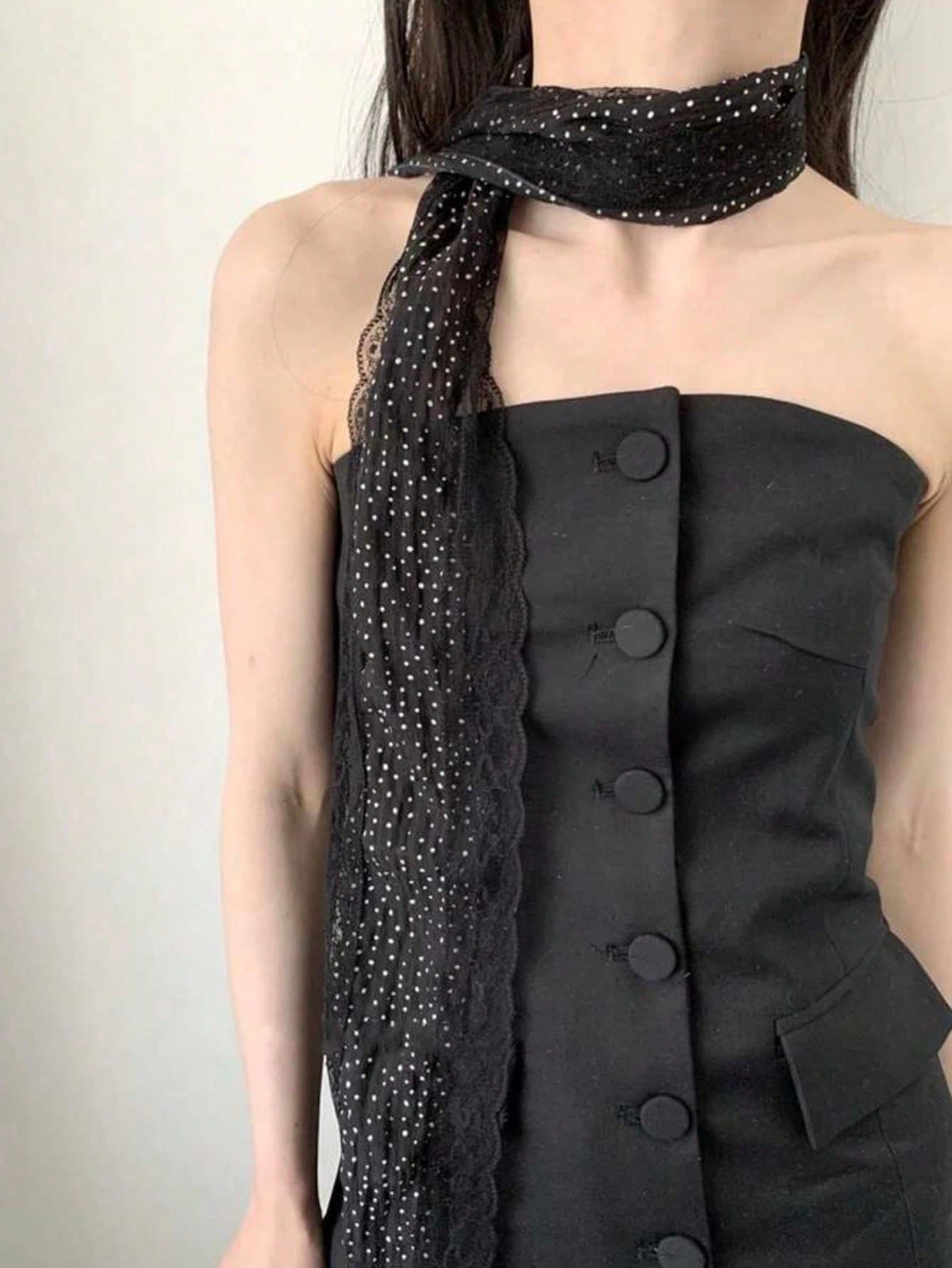 1pc Black Polka Dot Lace Long Scarf With Tie, Narrow Summer Headband, Retro Lace Polka Dot Long Silk Scarf, Women's Neck Scarf