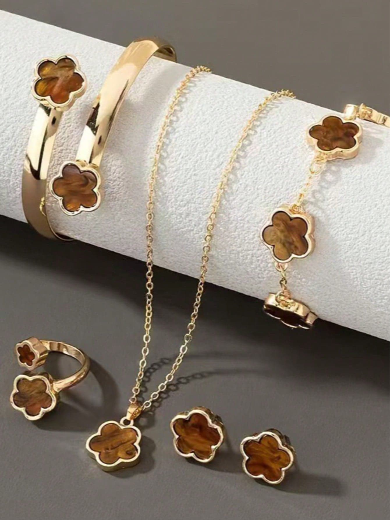 5pcs Flower Pendant Jewelry Set For Women, Necklace, Earrings, Bracelet, Bangle, Ring, Elegant Accessories