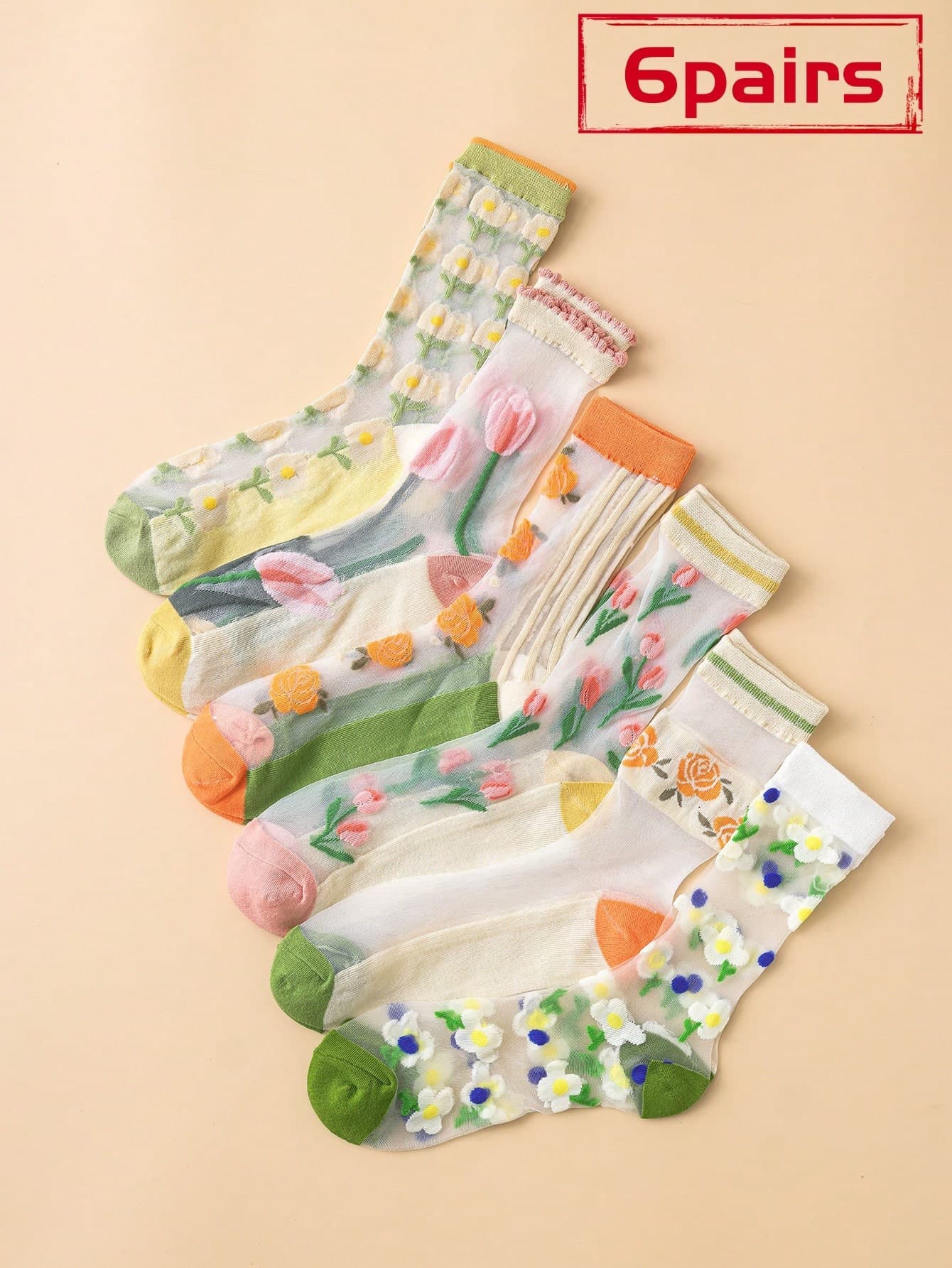 6 Pairs Floral Jacquard Transparent Stockings, Tulip & Rose Pattern Mid-Calf Socks For Women