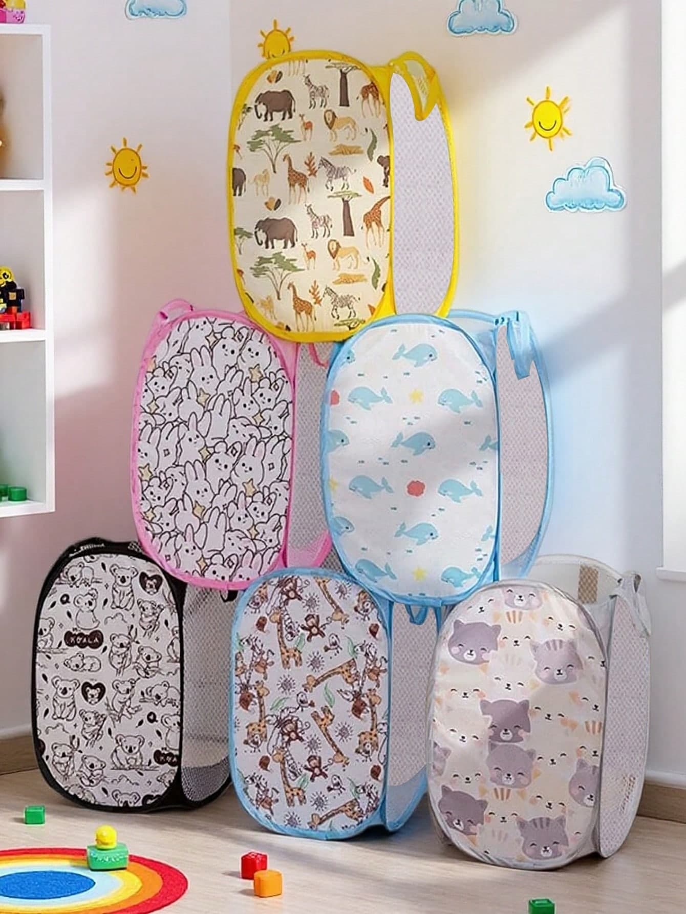 1pc Mesh Laundry Basket, Foldable Cartoon Animal Print Clothes Basket, Toy And Dirty Clothes Storage Bin