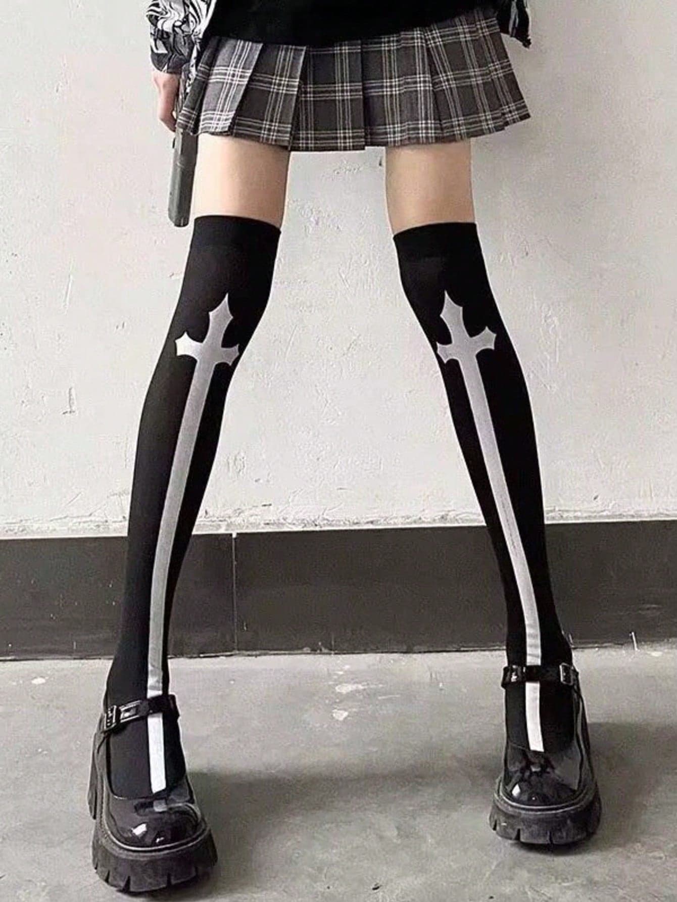 1 Pair Gothic Style Cross Velvet Thigh High Socks, Cosplay Lolita Over-The-Knee Stockings