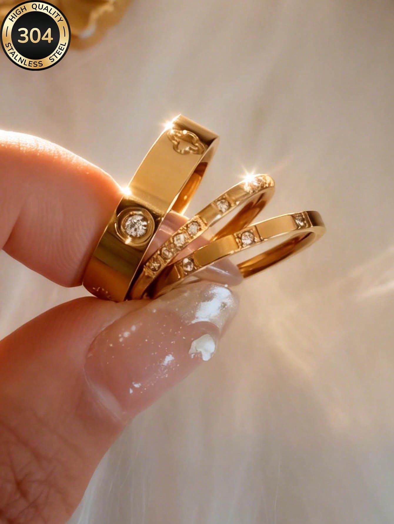 ZCNC 2026 New 14K Gold 3-Diamond & 8-Diamond Pave Square Ring, Fashionable & Creative, Waterproof Stainless Steel Won't Fade, Suitable For Daily Wear, Parties, Mother's Day Gift