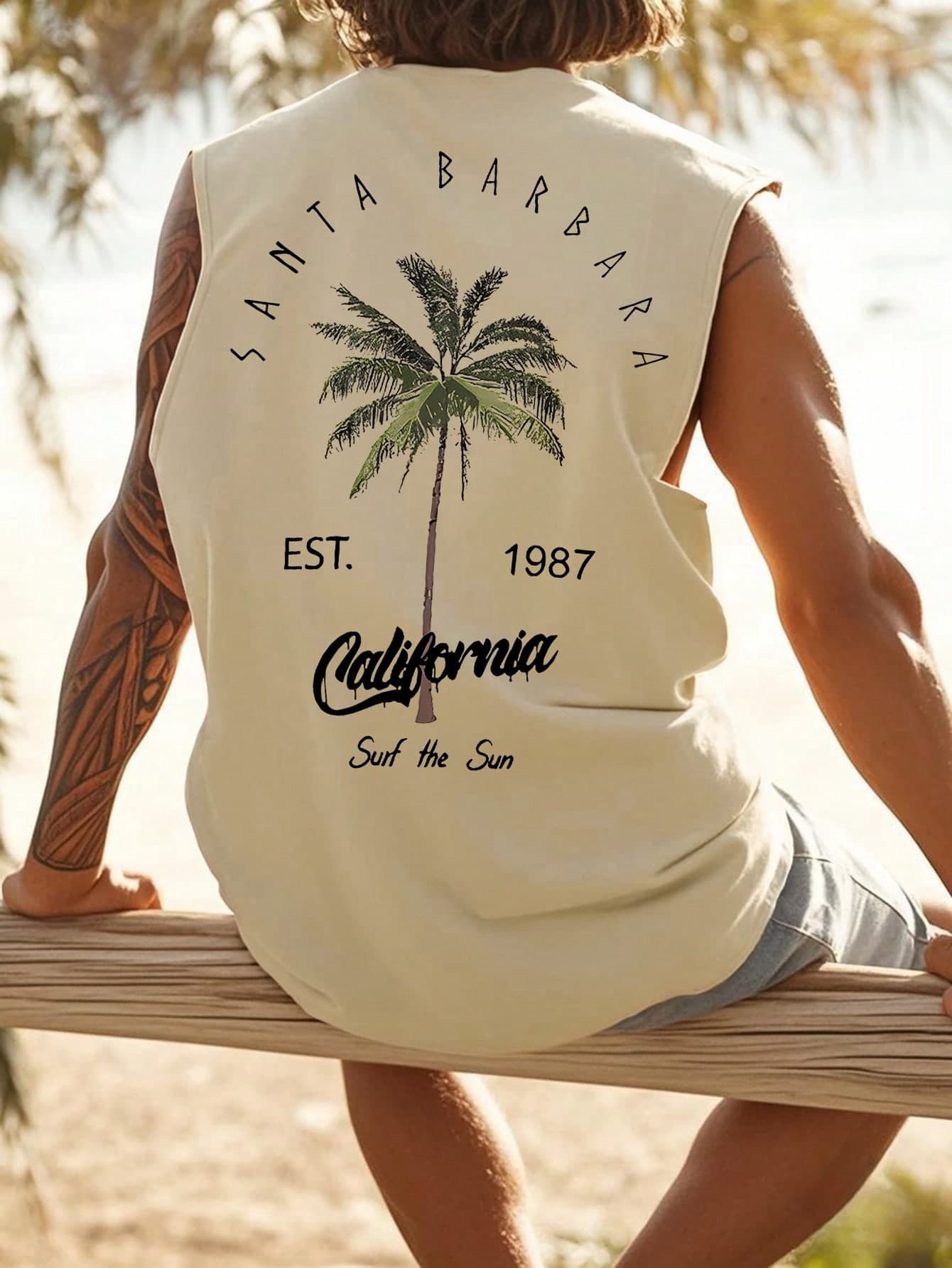 Men's Casual Coconut Tree & Letter Print Tank Top