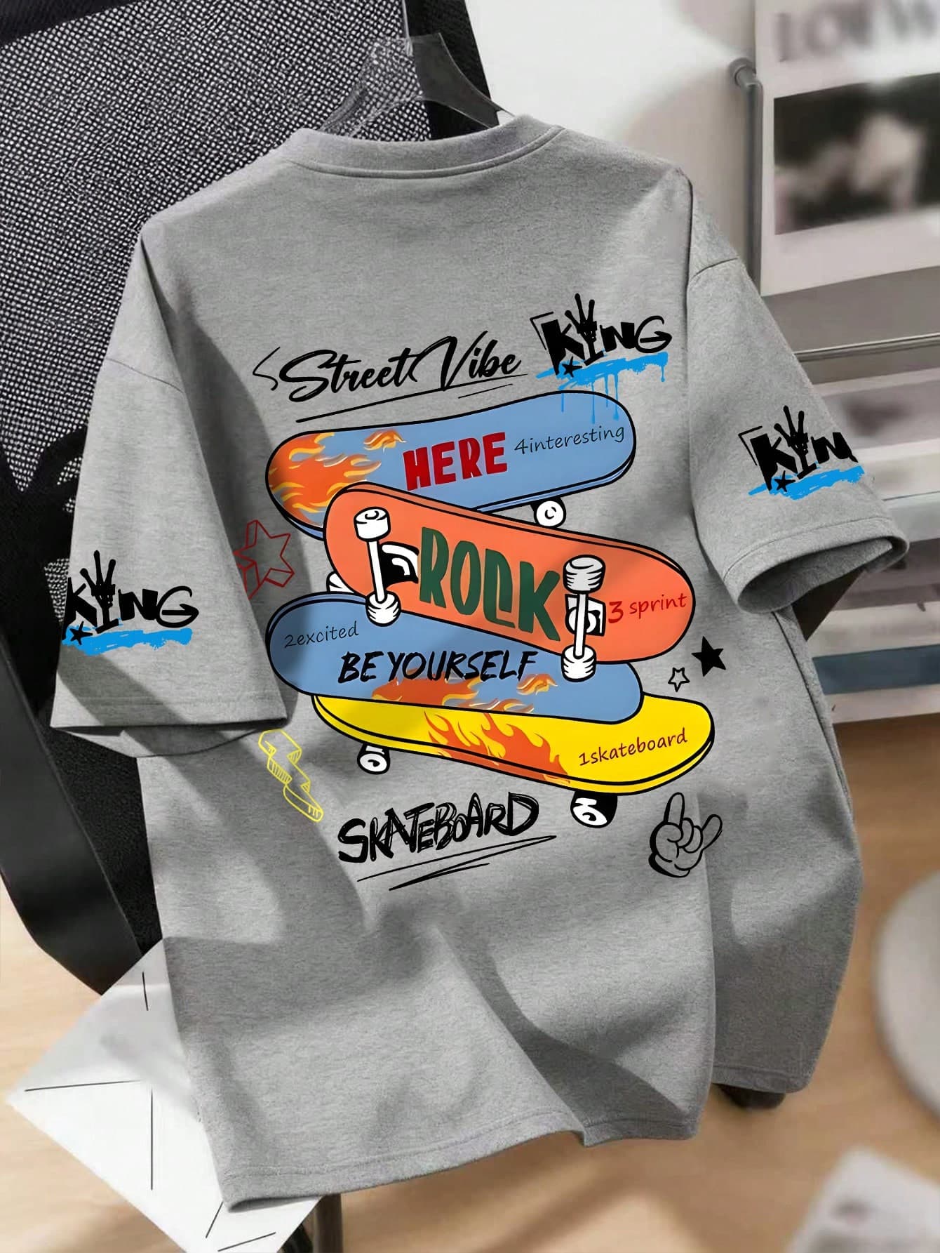 Teenage Boys' Skateboard Print Round Neck T-Shirt, Casual Soft Top For Summer