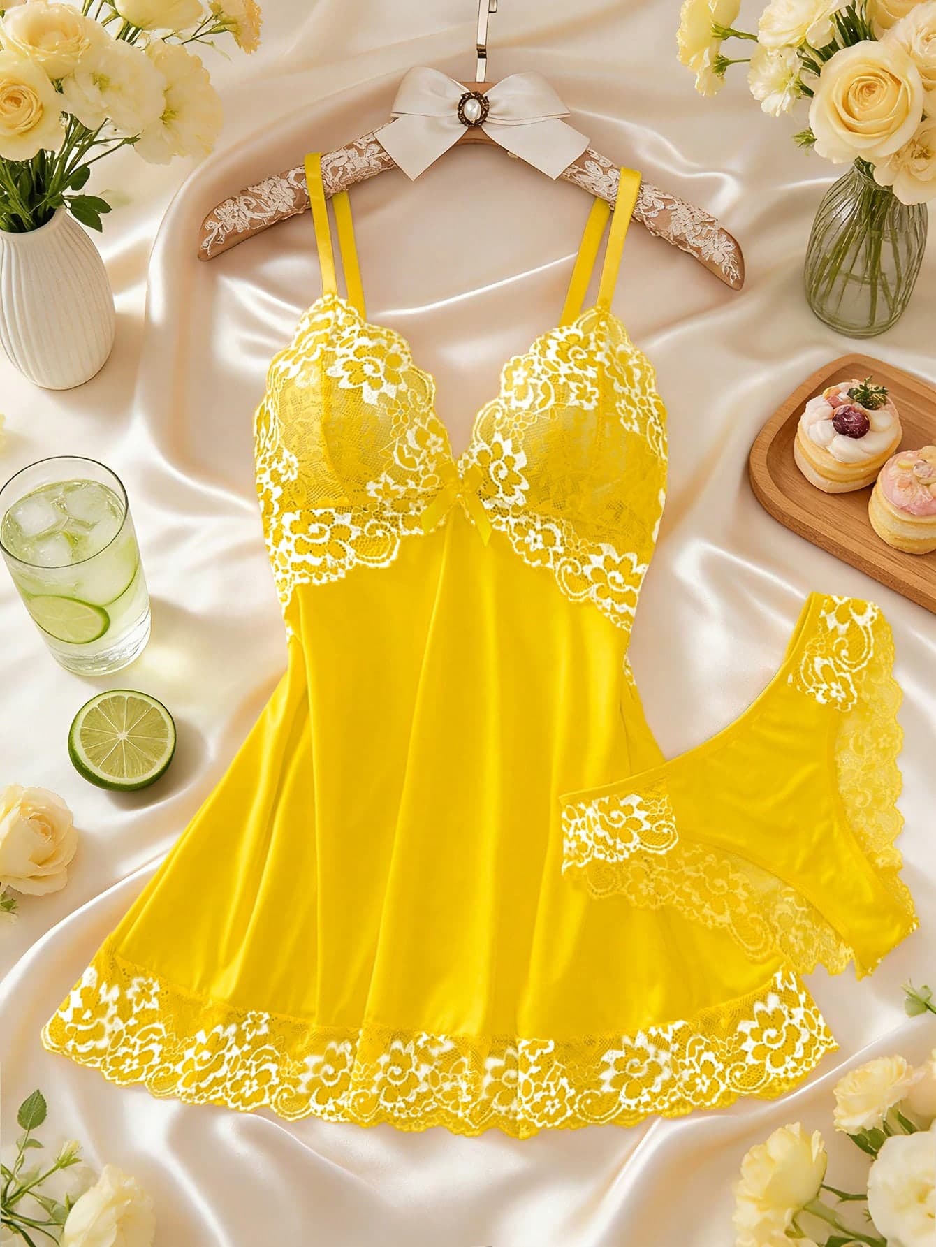 2pcs Contrast Floral Lace Sleepwear Set, V-Neck Semi-Sheer Bow Tie Nightgown And Panties, Elegant Women Pajamas