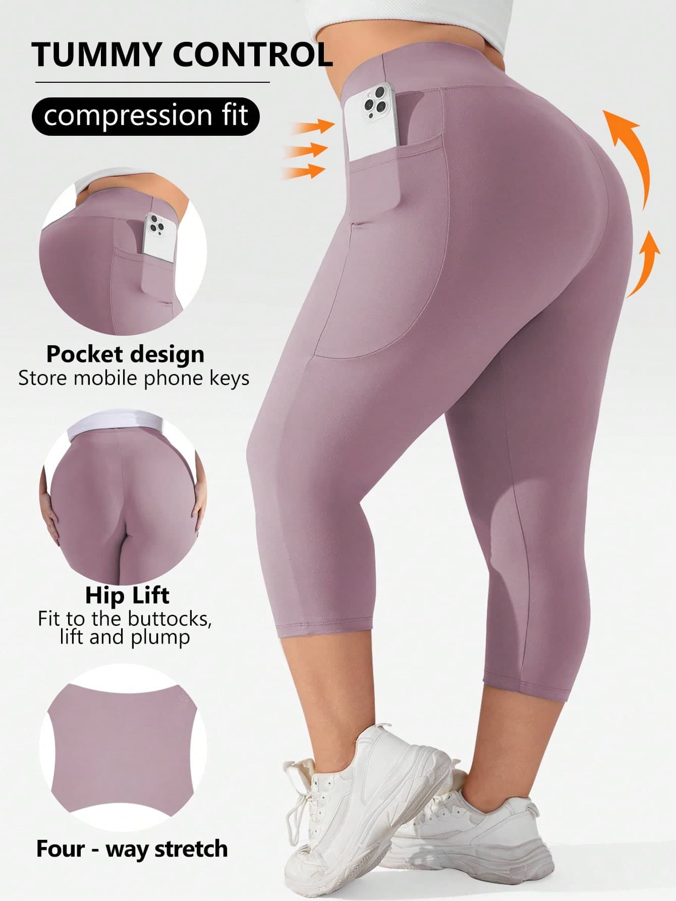 Plus Size Women High Waist Lifting Capri Leggings (XL-5X) - Stretchy Knit Fabric Sports