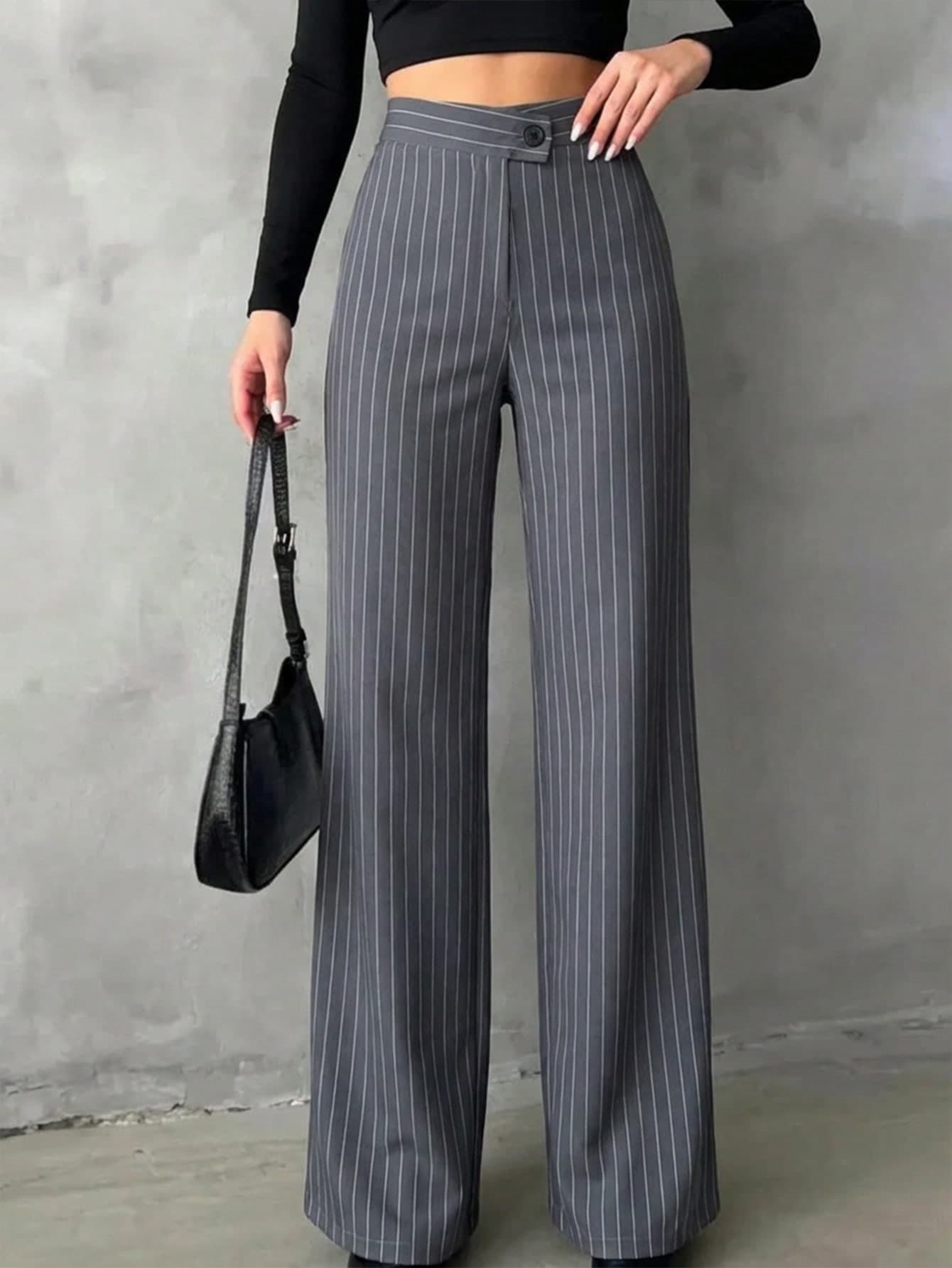 Women's Gray Striped Casual Elegant Straight Pants, Essential Back-To-School Item, Asymmetric V-Waistline Accentuates Curves, Suitable For Daily Wear, Office, Dates, Vacation And Other Occasions