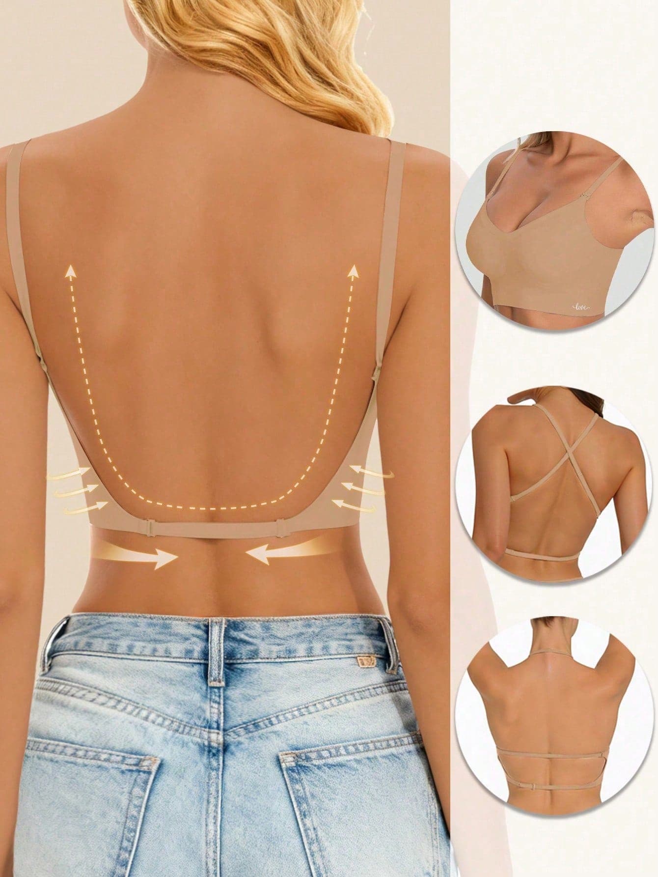 Women's Seamless Backless Sexy Lingerie Summer Bridal Lingerie 3 Adjustable Shoulder Straps Low Back Wedding Lingerie Breathable Comfortable Formal Occasion Camisole