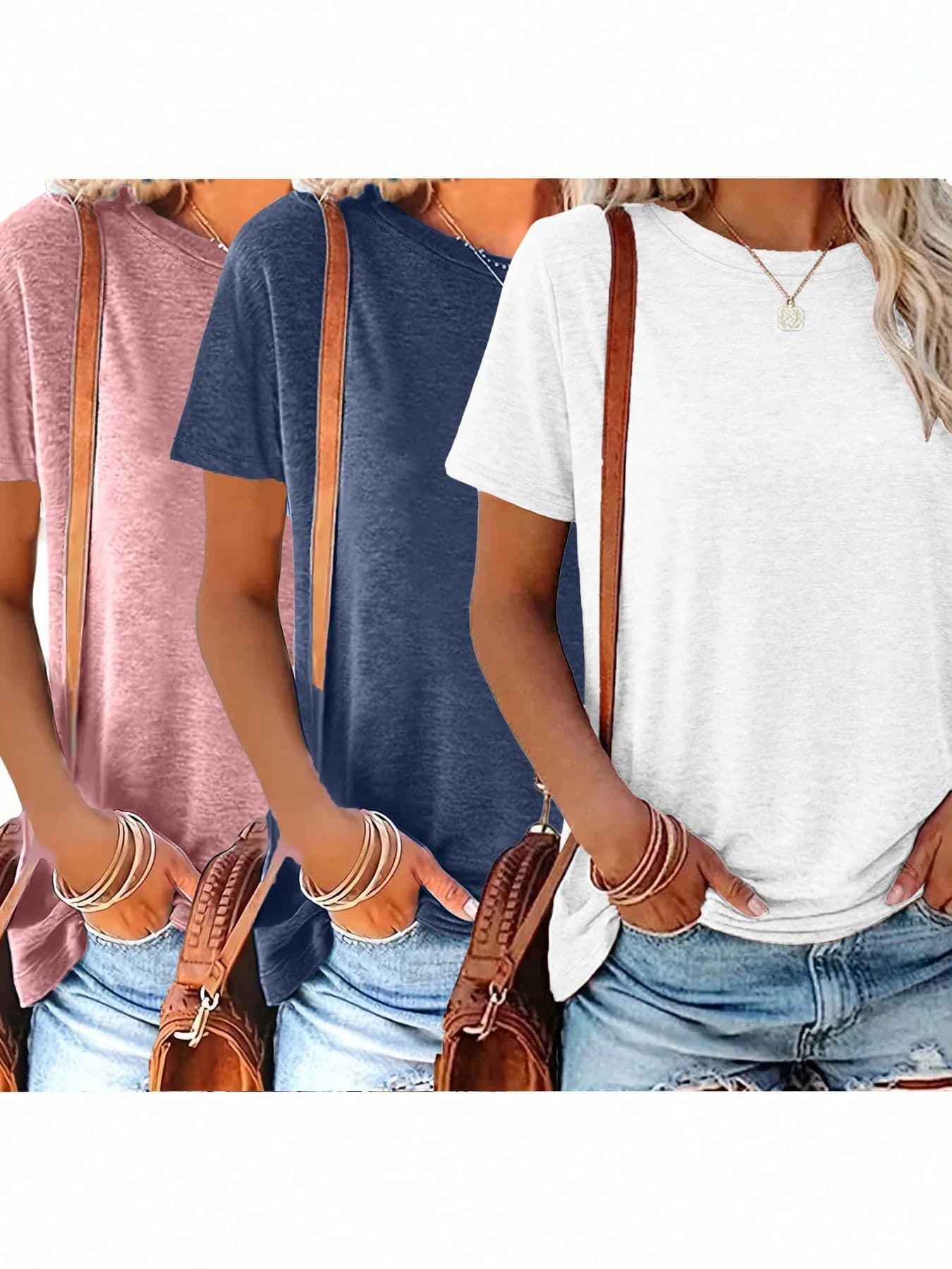 3pcs Solid Color Round Neck Short Sleeve Loose Casual T-Shirt, Suitable For Spring/Summer Daily And Home Wear, Machine Washable