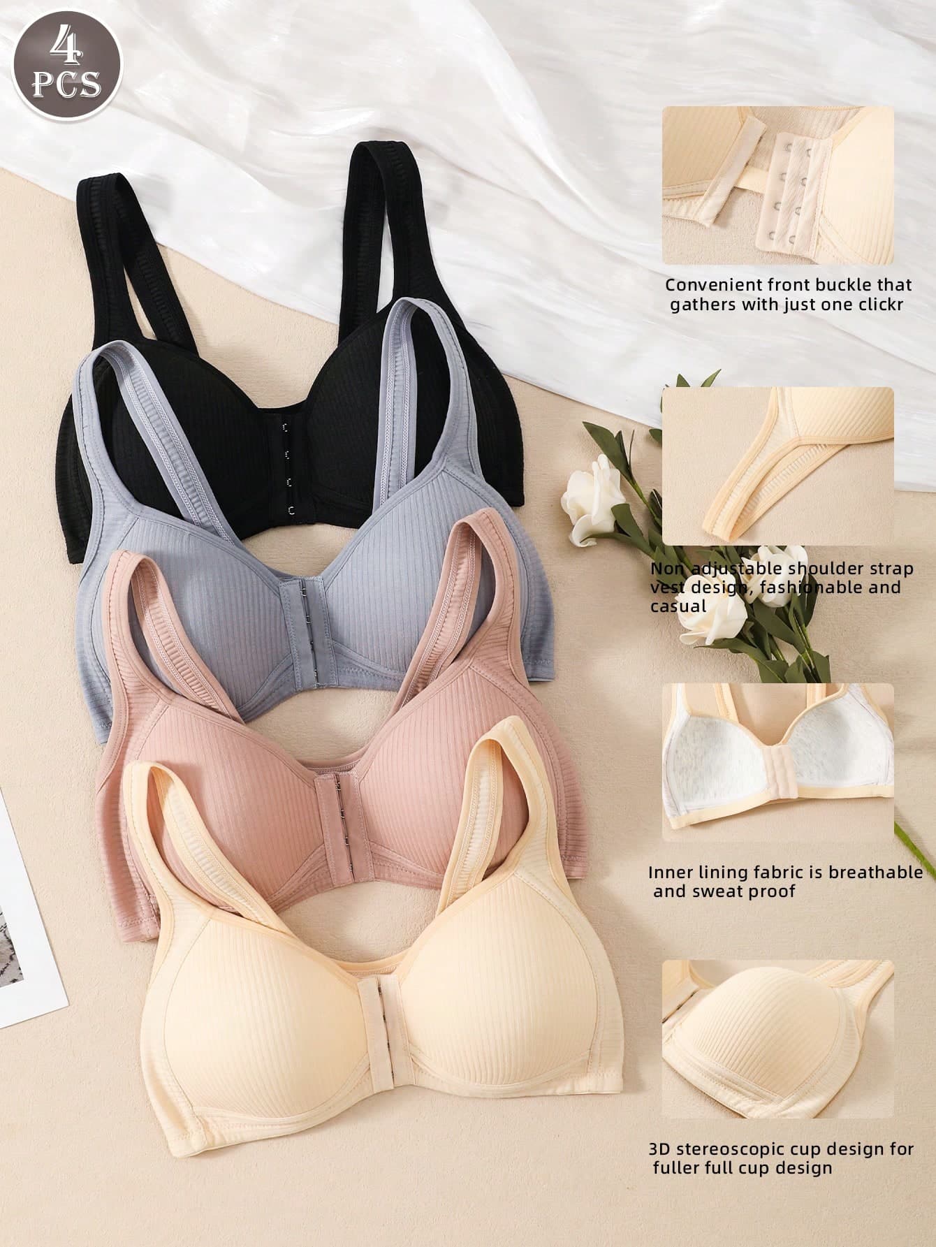 4PCS Women's Solid Color Rib Stitch Adjustable Front Closure Bra, 3D Stylized Cup Shell, Resistant To Deformation, Provides Decompression Effect, Fits And Supports, Comfortable Without Steel Cups, High-Quality Convenient Front Closure Bra/Mother's Underwear.