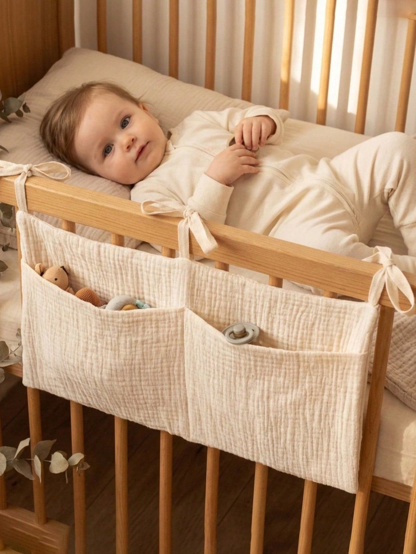 1pc New European And American Style Dual-Layer Baby Diaper & Bottle Storage Bag, Solid Color Dual Pocket, Baby Crib Hanging Organizer, 40*18.5cm