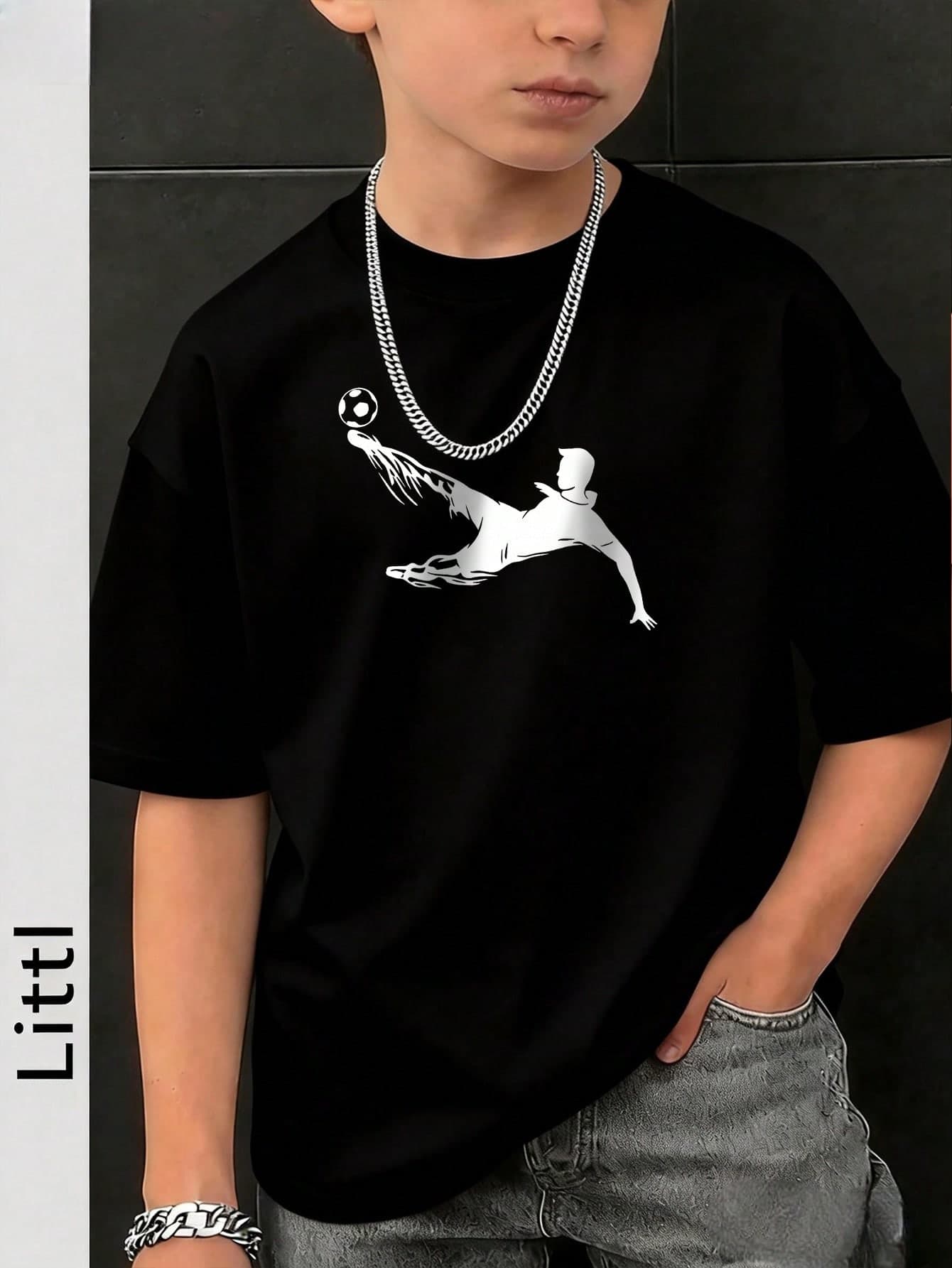 Boys' World Cup Soccer Print Loose T-Shirt, Summer Breathable Short Sleeve Sports Top