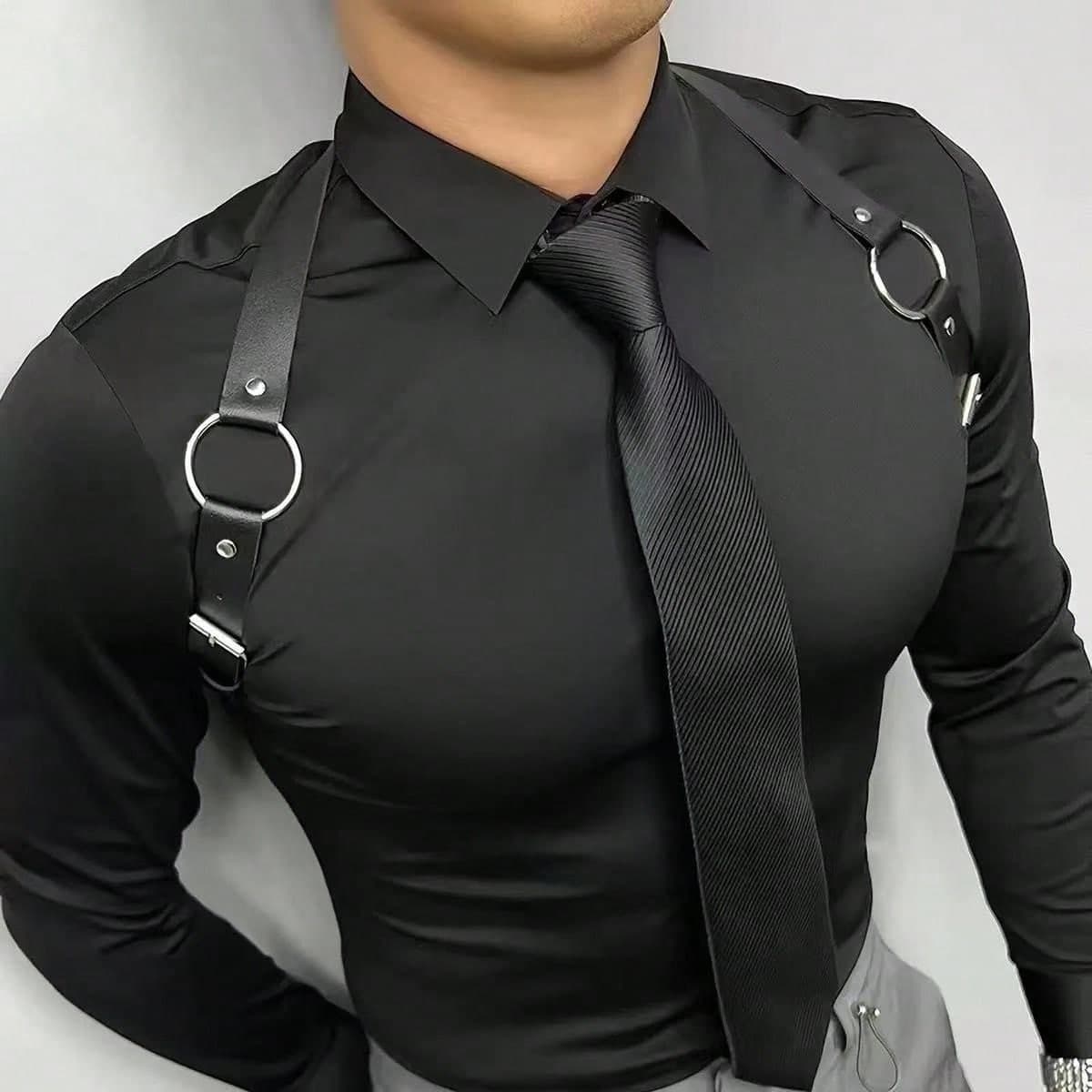 1pc Adjustable Punk Style Leather Chest Strap, Metal Ring Shoulder Strap Accessory For Men To Pair With Shirts And Suits