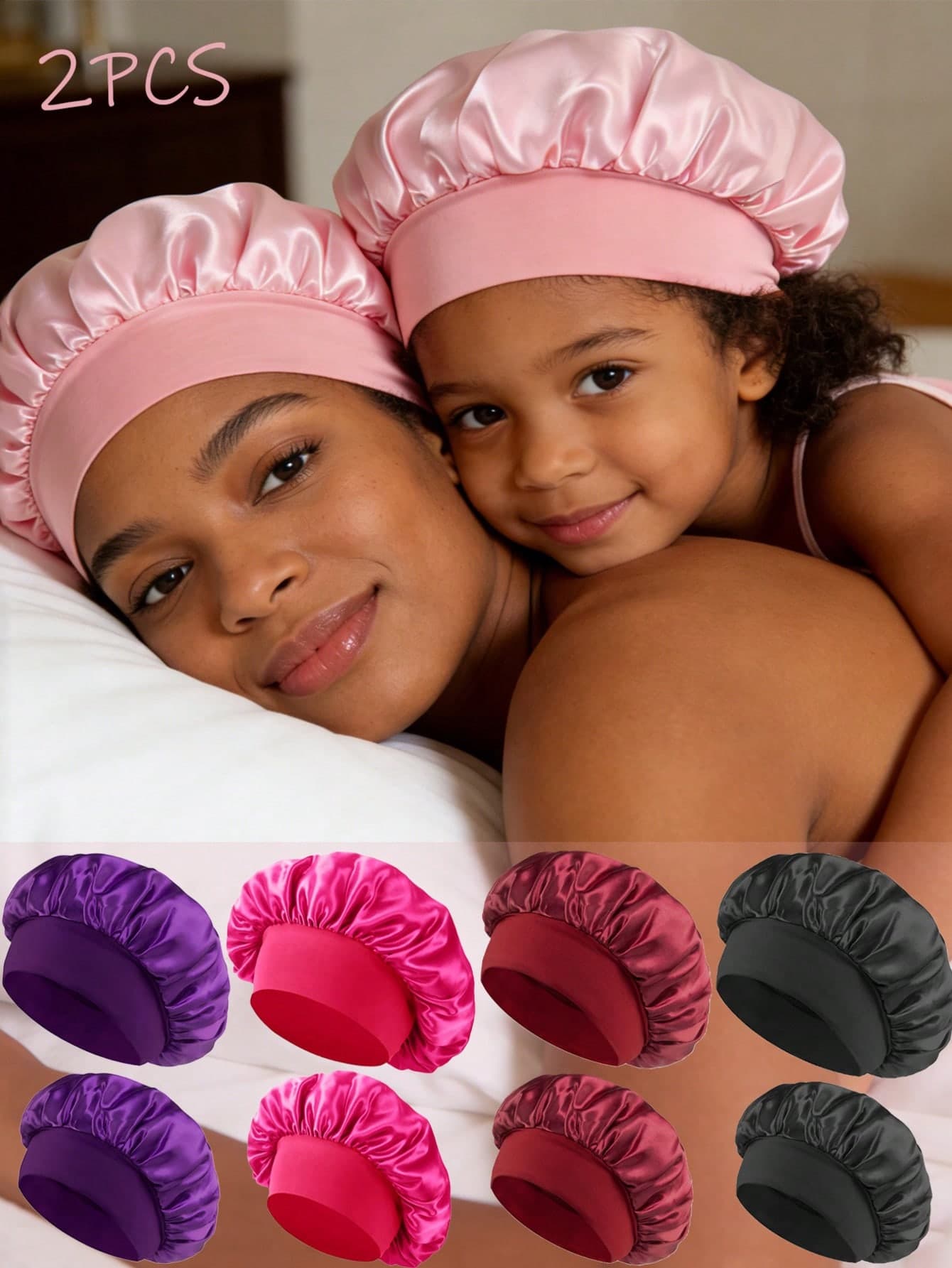 2PCS Mom And Baby Hat Elastic Wide-Brim Silky Satin Bonnet - Secure-Fit Sleep Cap For Hair Protection, Ultra-Soft Breathable Design