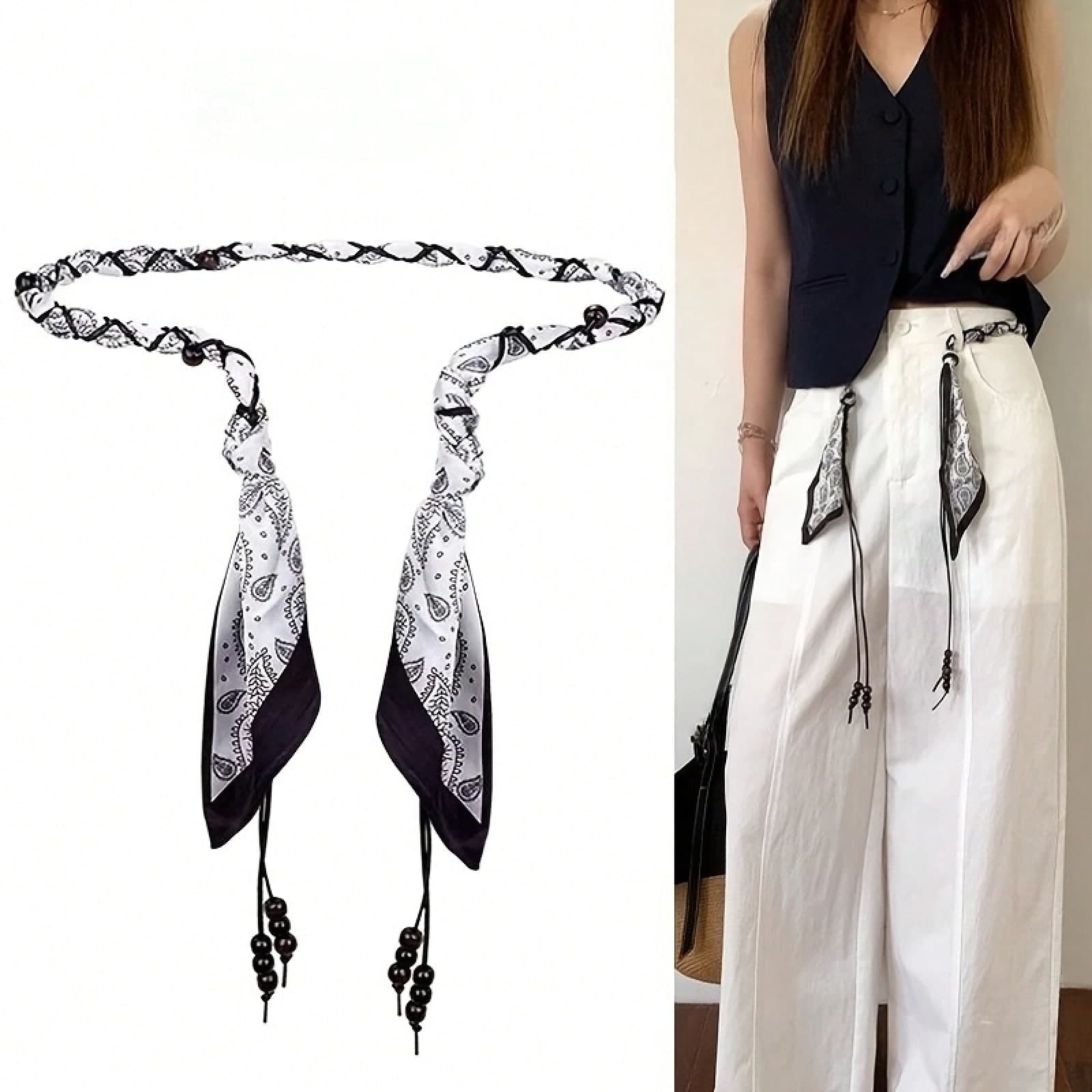 Women's Silk Scarf Woven Belt Accessory, Silk Ribbon Waist Chain, Retro American Style Ribbon Decor, Suitable For Dresses And Jeans