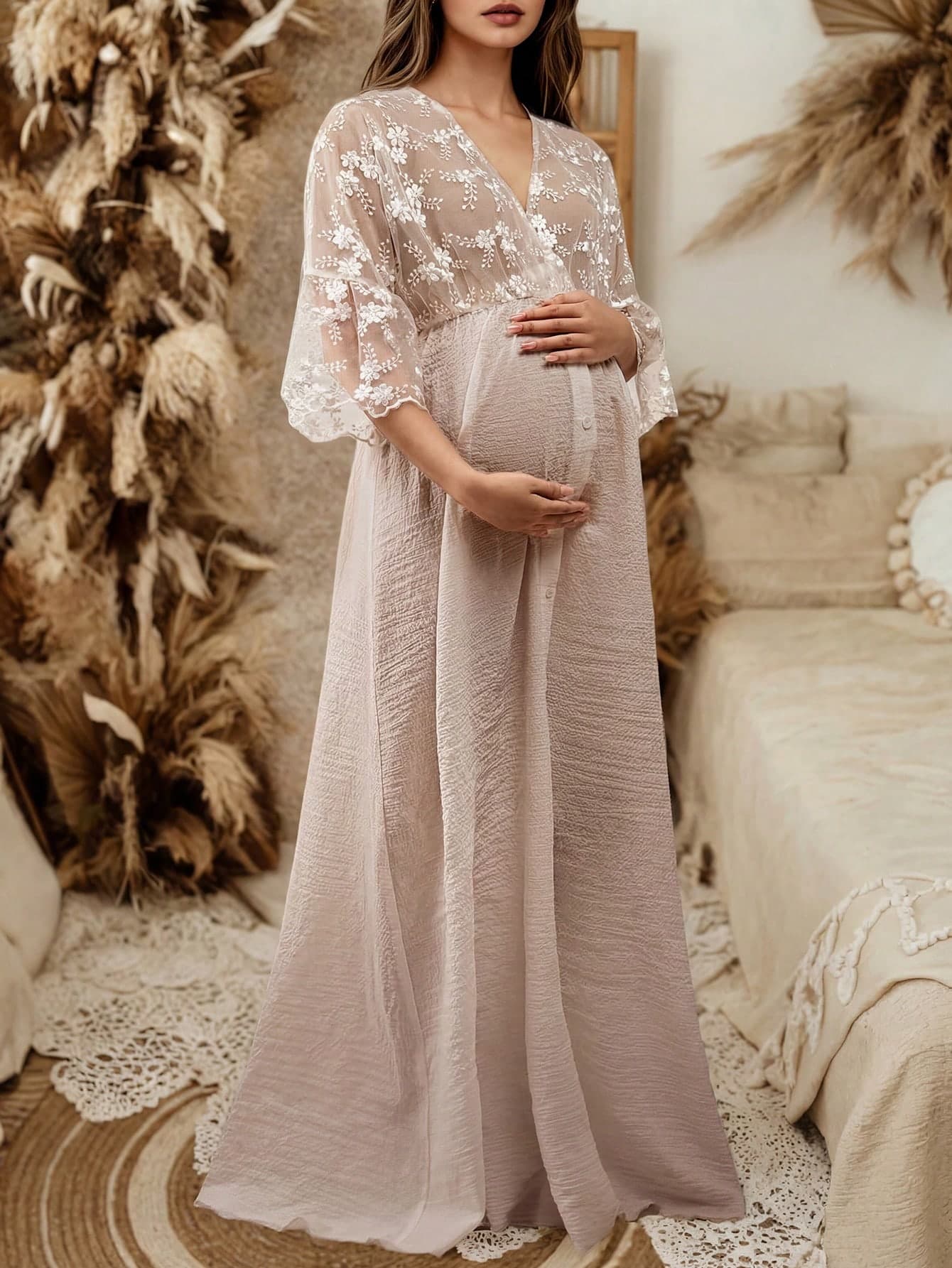 Maternity V-Neck 3/4 Sleeve Semi-Sheer Knit Dress, Bohemian Style Lace Embroidery Flowy Loose Bell Hem Maternity Dress For Photos, Pregnancy Parties, Daily Wear, Home, And Formal Occasions